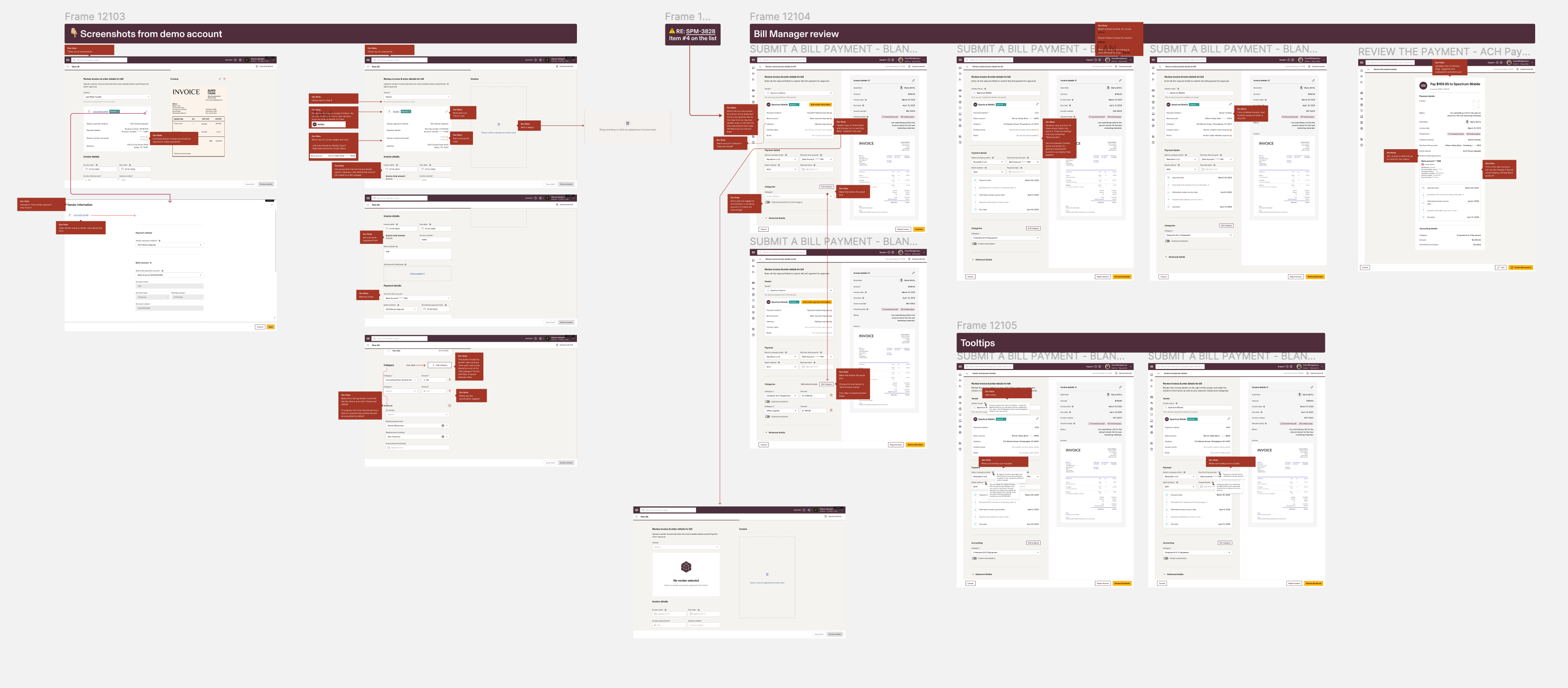 Working against the demo account: annotated screens, Bill Manager review and tooltips