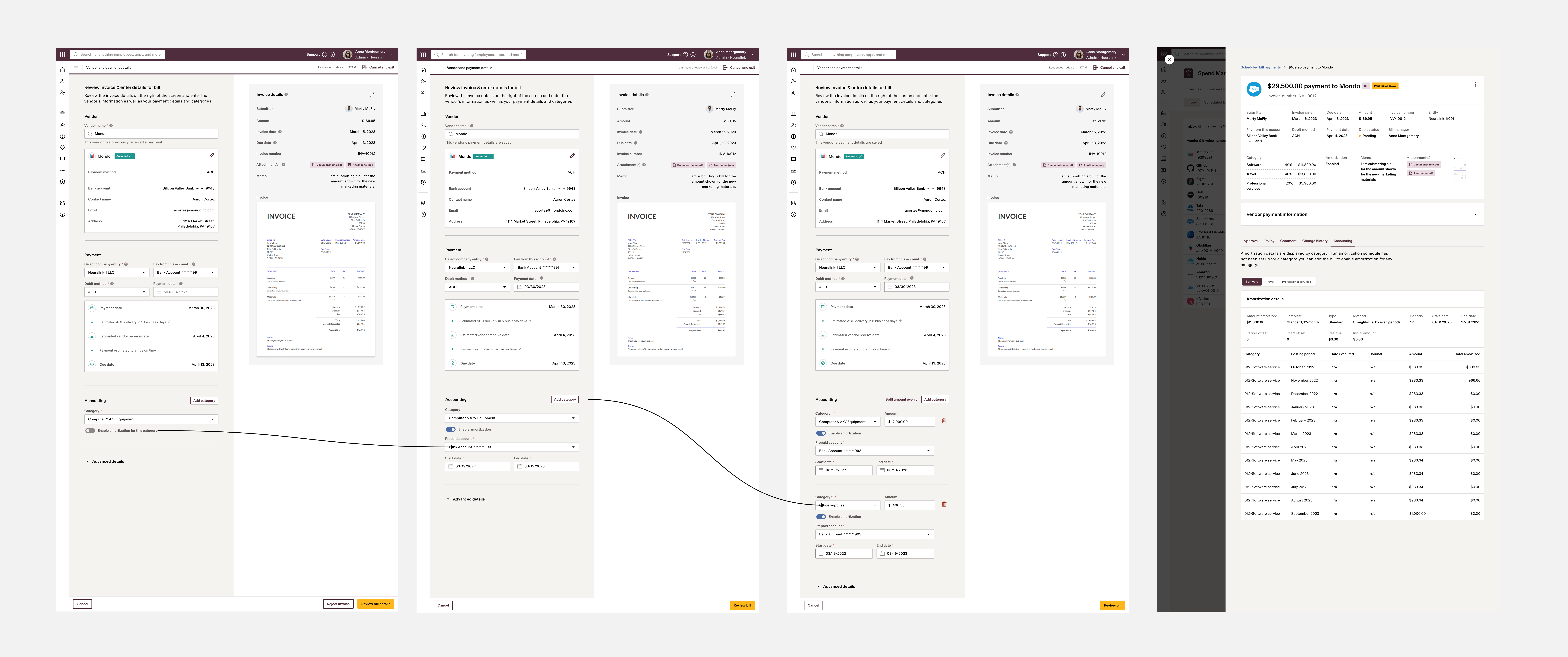 The whole flow: amortization turned on, categories split, through to the schedule on the bill