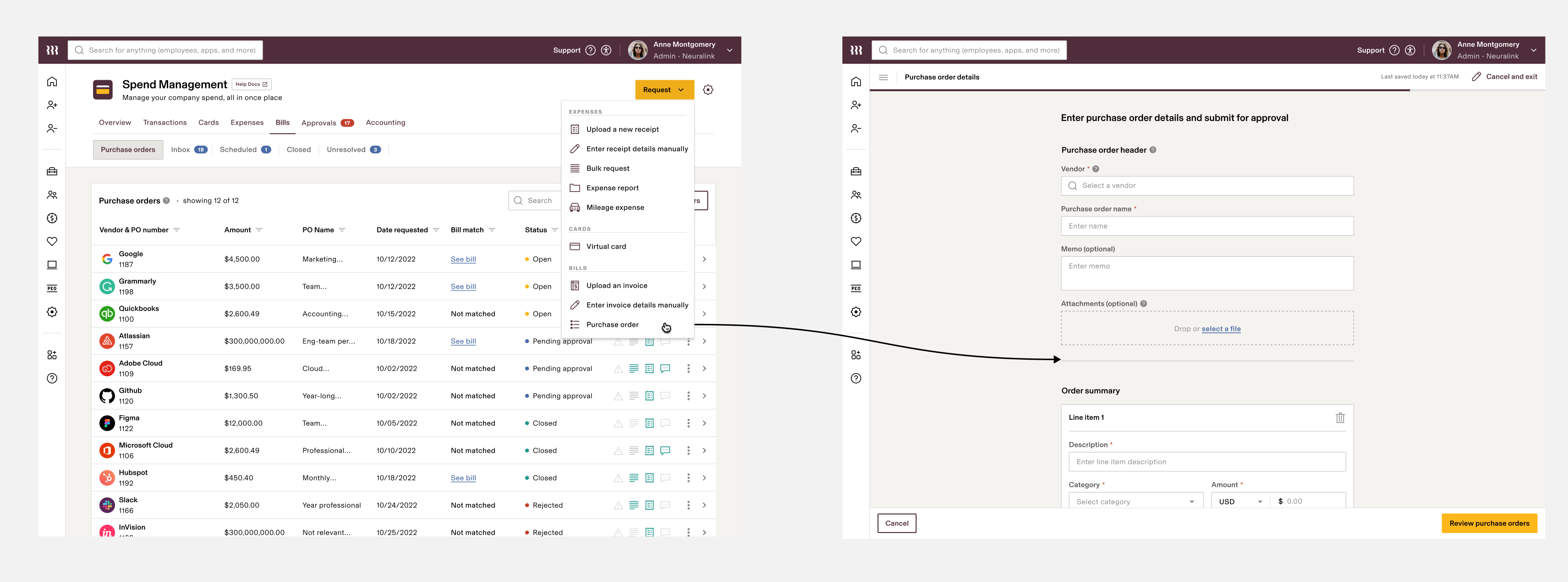 Purchase order in the Request menu, and the purchase order form it opens