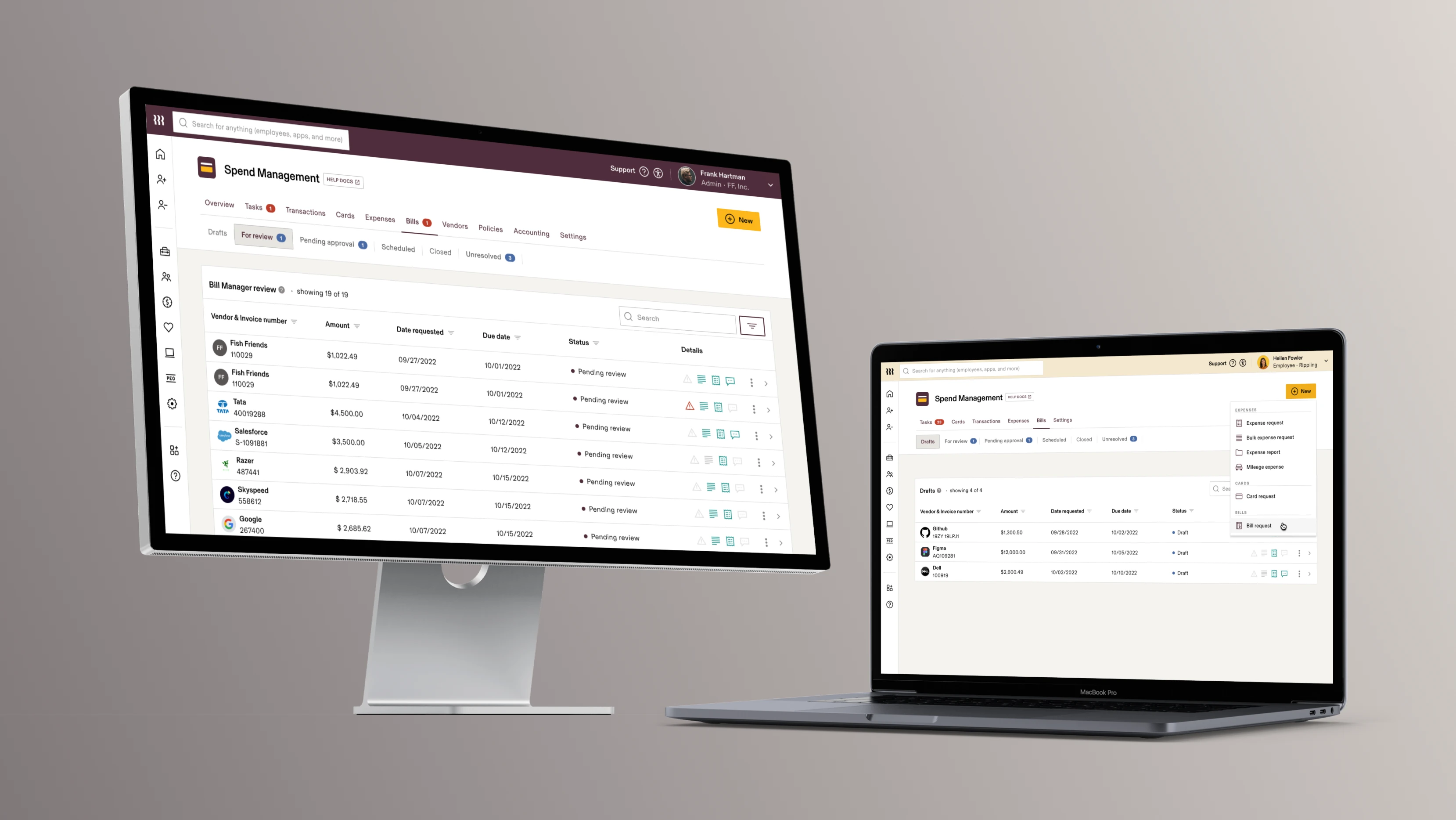 Bill Pay on a desktop and a laptop: the Bill Manager review queue and the bills list