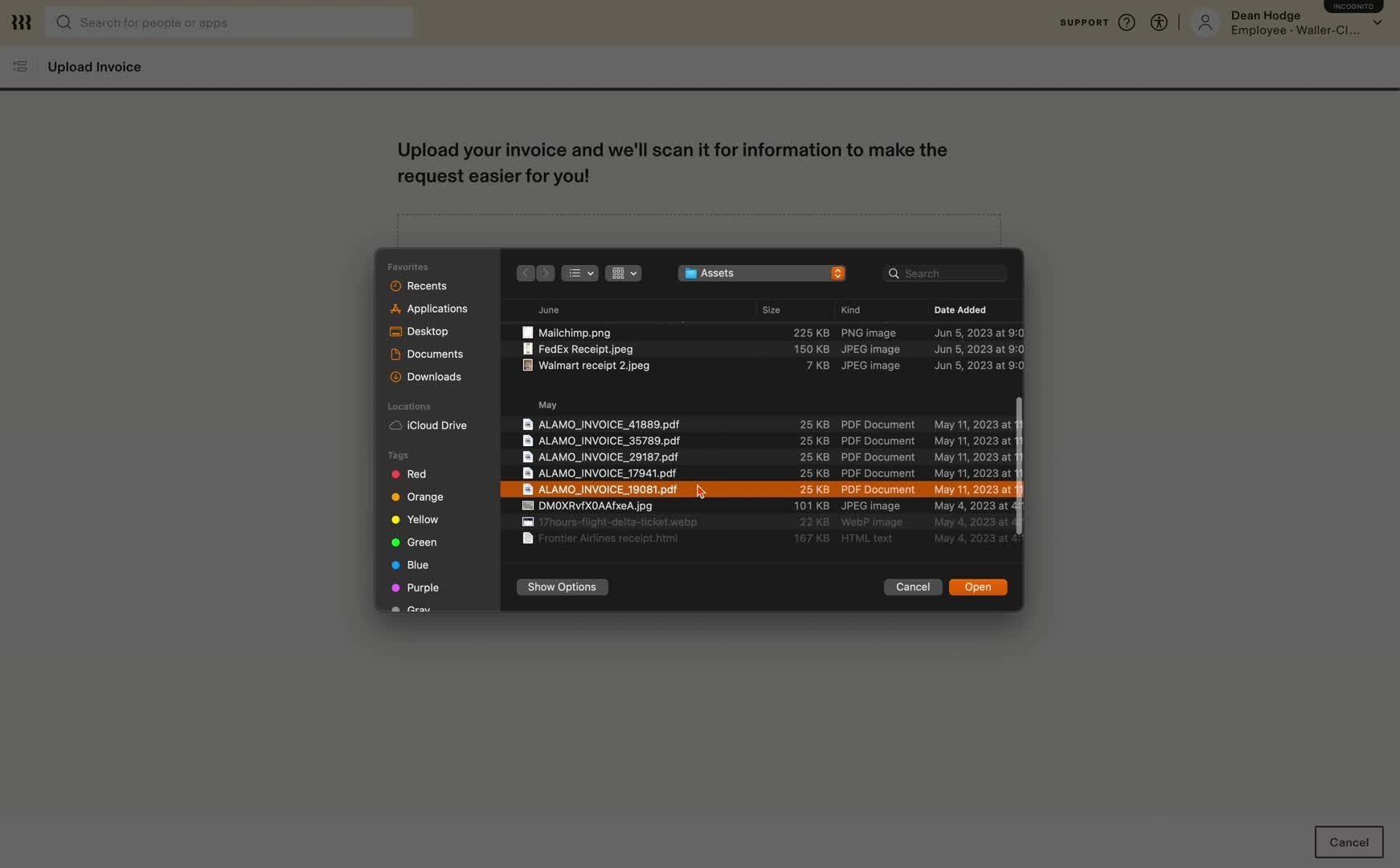 An employee uploads an invoice for review