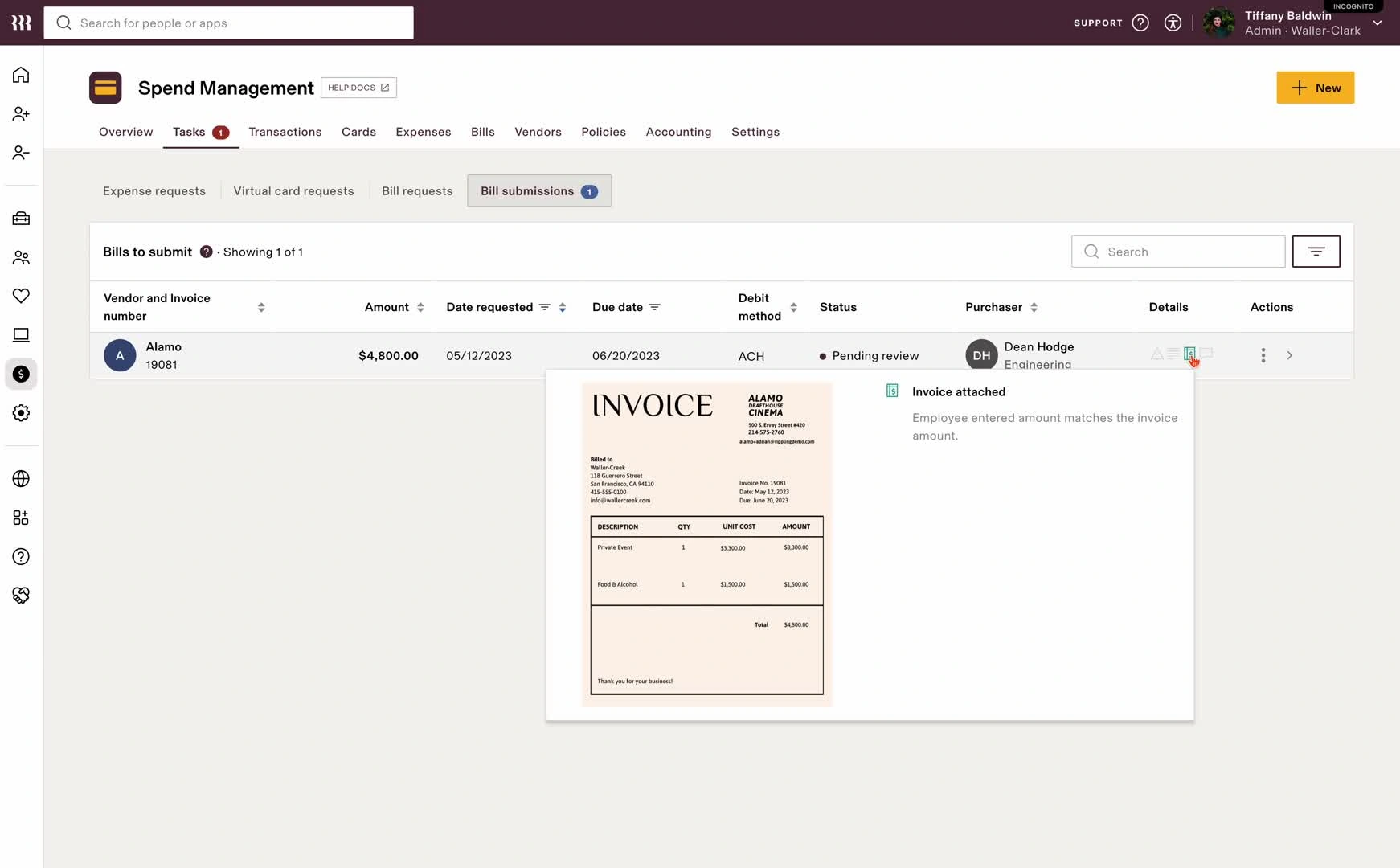 The Bill Manager reviews a new invoice from a new vendor