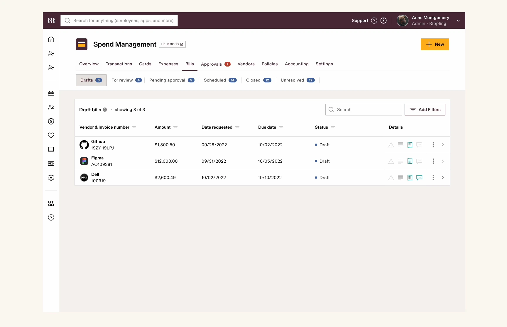 Bill Pay’s tabs (drafts, for review, pending approval, scheduled, closed and unresolved) and its bill detail pages