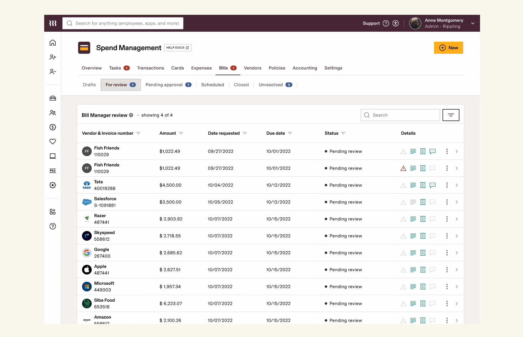The Bill Manager reviews an invoice and submits it for approval
