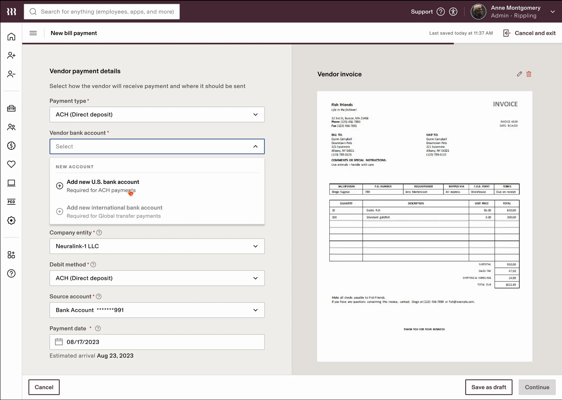 The Bill Manager adds a vendor’s bank account mid-flow: a US account for ACH, or an international one for a global transfer