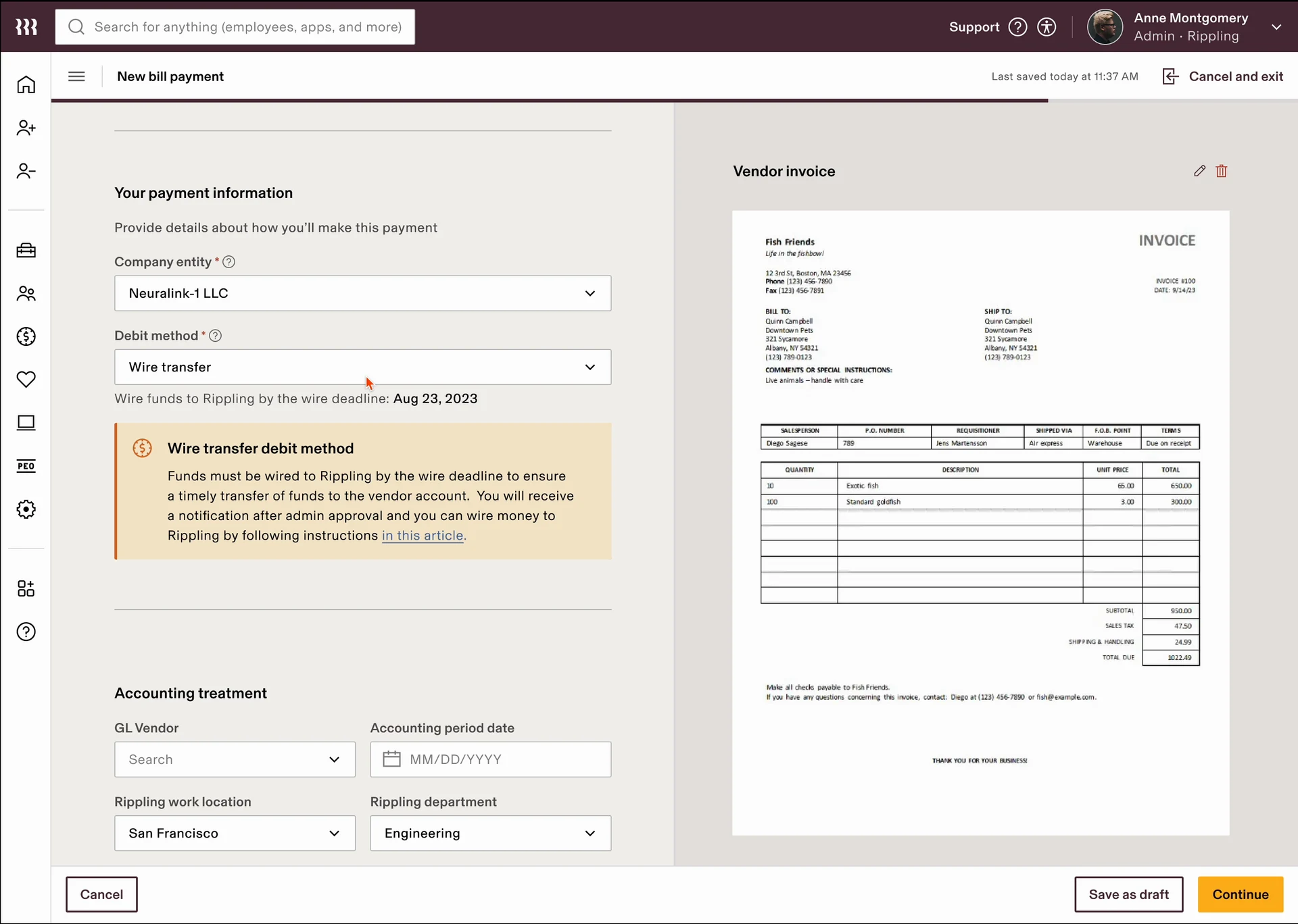 Paying by wire transfer: the deadline to wire funds to Rippling, carried through to review