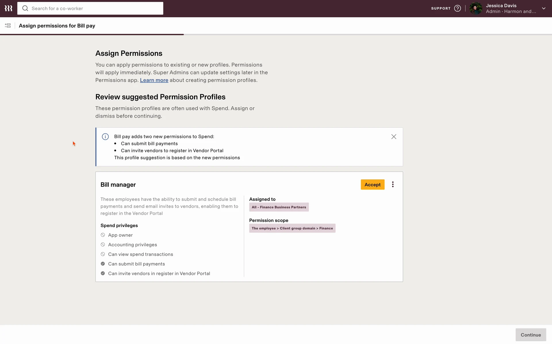 Setting up Bill Pay: the suggested Bill Manager profile and the two Spend permissions it adds, then a default bank account per entity