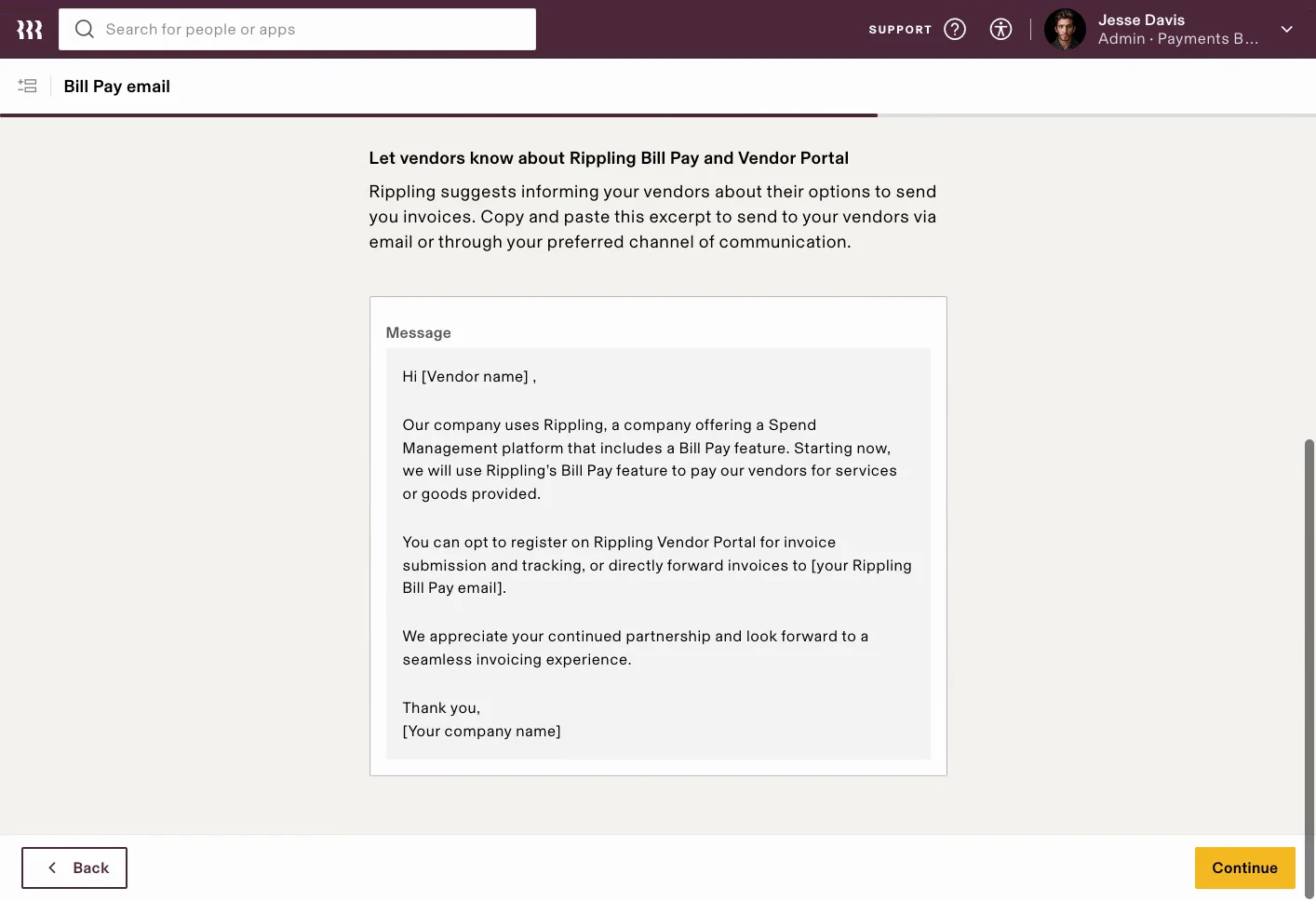 Setting up Bill Pay in Spend Management: a default bank account per entity, ACH authorization, the Bill Pay email, Vendor Portal registration and employee invites