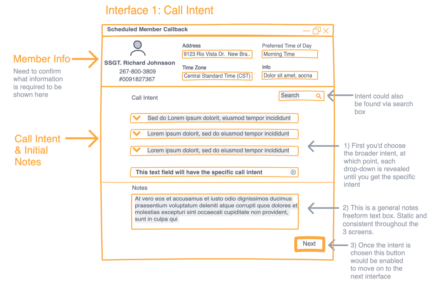 Interface 1, Call Intent: the member’s details, intent drop-downs that could also be searched, and a general notes box