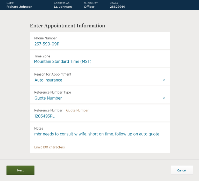 Enter Appointment Information, filled in: phone number, time zone, reason, quote number and a note within the 100-character limit