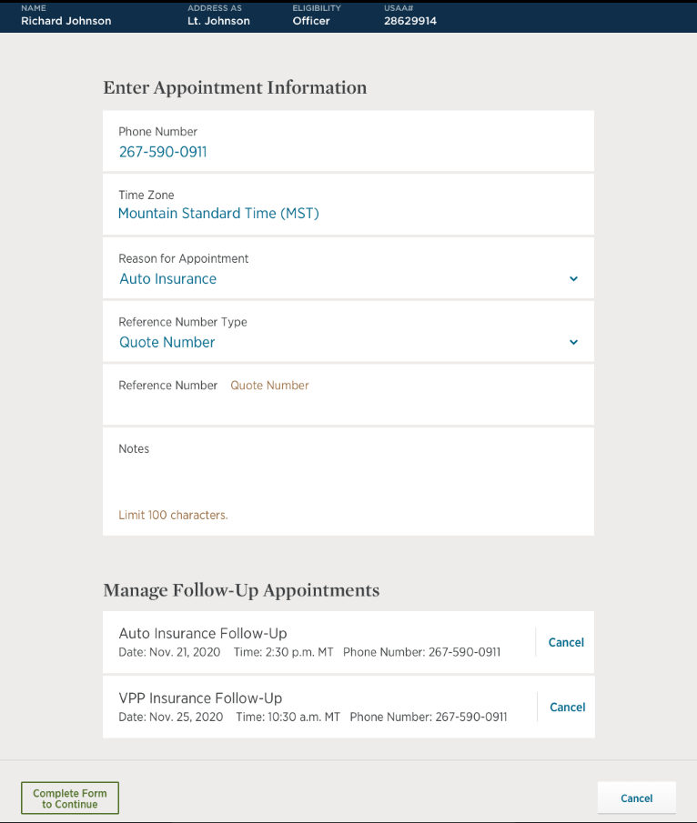 Manage Follow-Up Appointments: the member’s upcoming calls listed under the form, each with Cancel