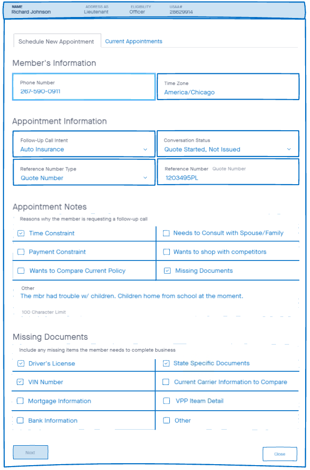 Schedule New Appointment tab in low fidelity: the member’s information, appointment information, appointment notes as checkboxes, and missing documents