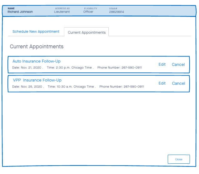 Current Appointments tab in low fidelity: each follow-up with its date, time and phone number, and Edit and Cancel