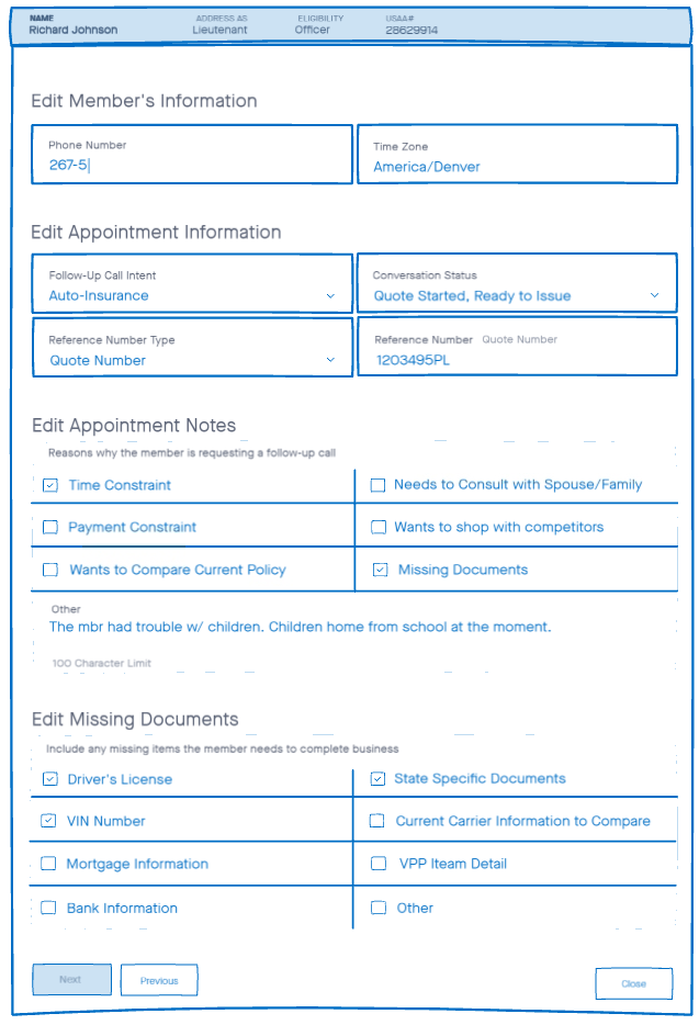 Edit Member’s Information: the appointment’s details, notes and missing documents, ready to change