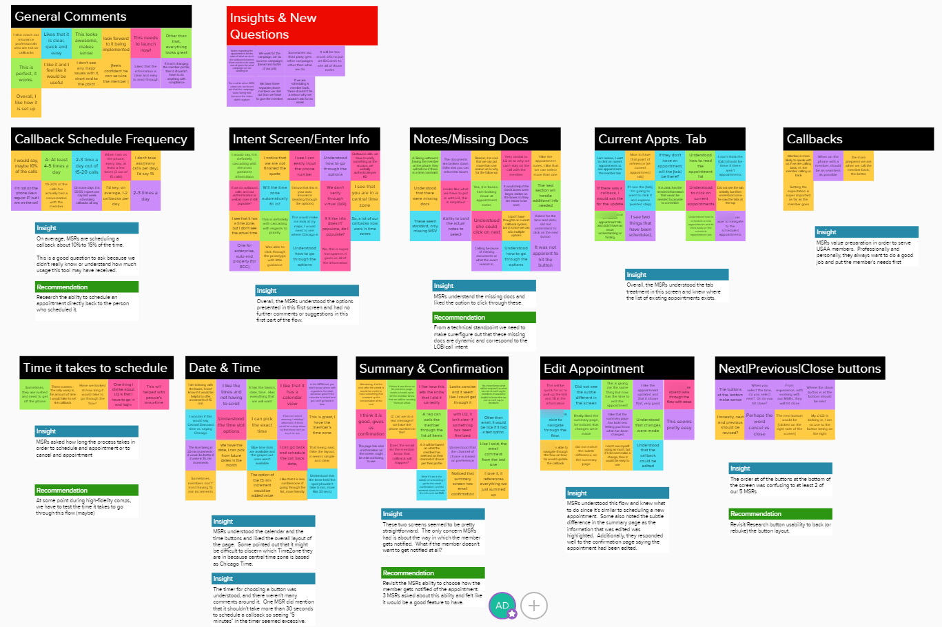 V2 feedback synthesized by area: general comments, new questions, callback frequency, the intent screen, notes and missing documents, the Current Appointments tab, callbacks, time to schedule, date and time, summary and confirmation, editing, and the buttons