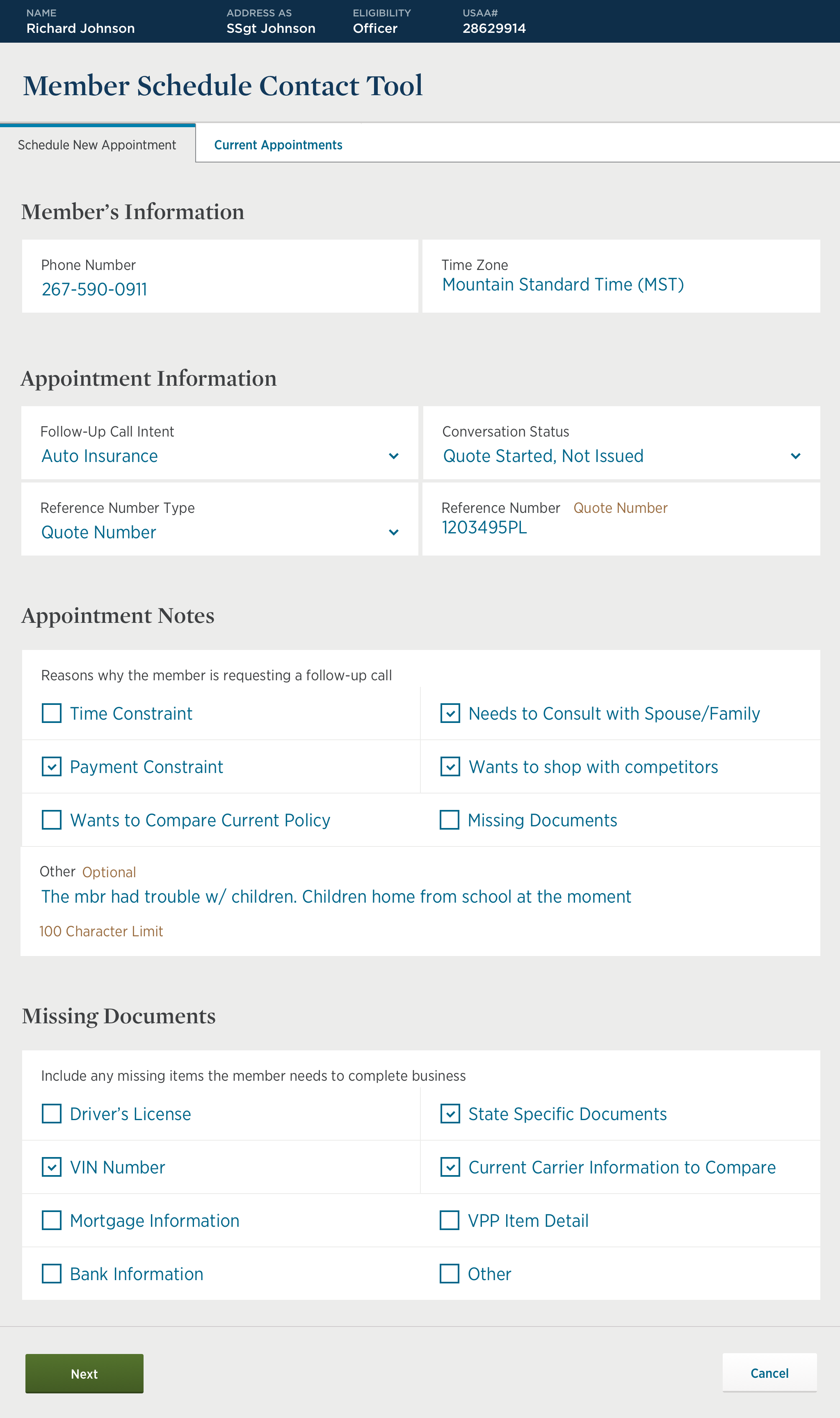 Schedule New Appointment: the member’s information, appointment information, appointment notes and missing documents