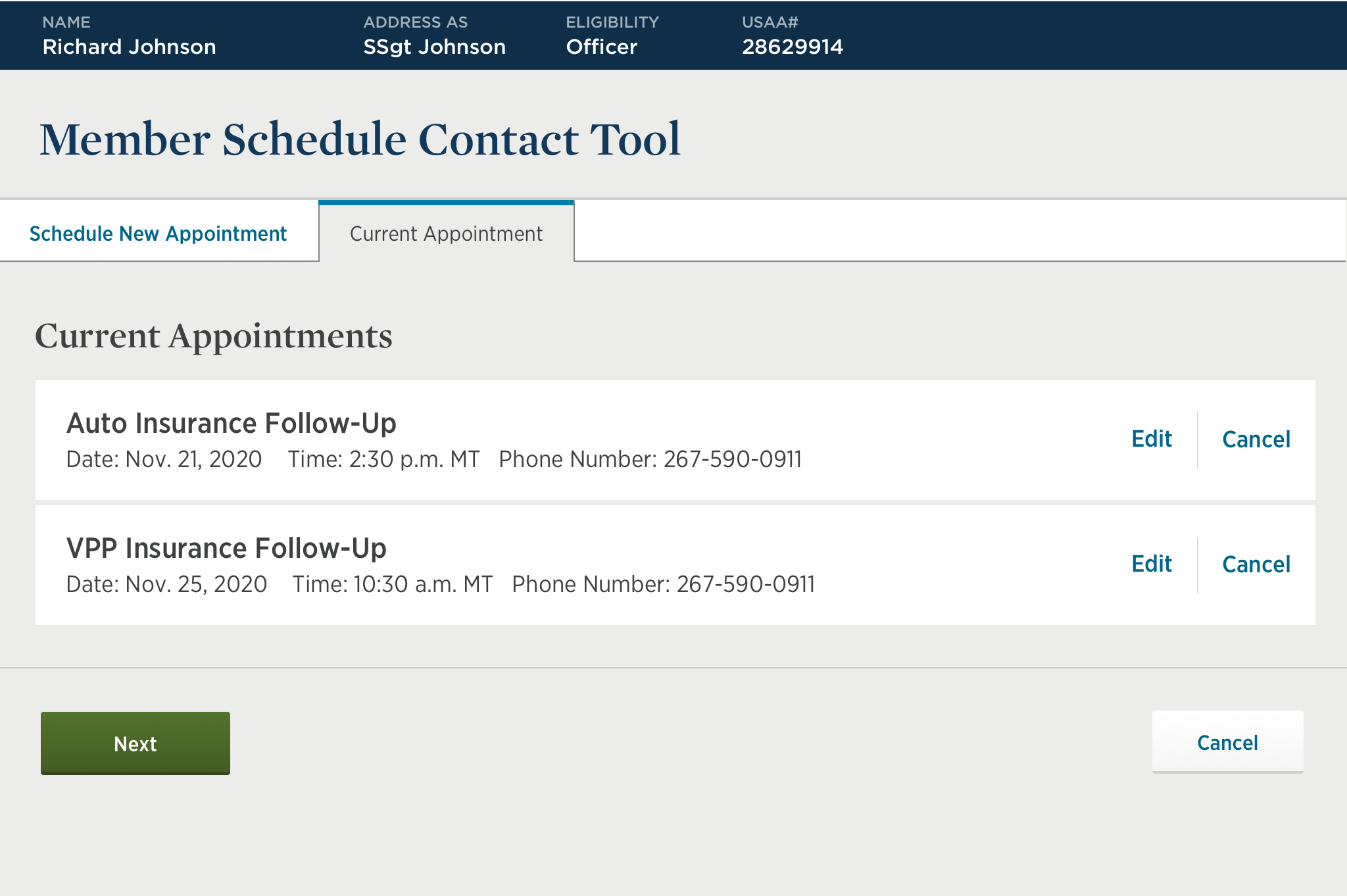 Current Appointments: each follow-up with Edit and Cancel