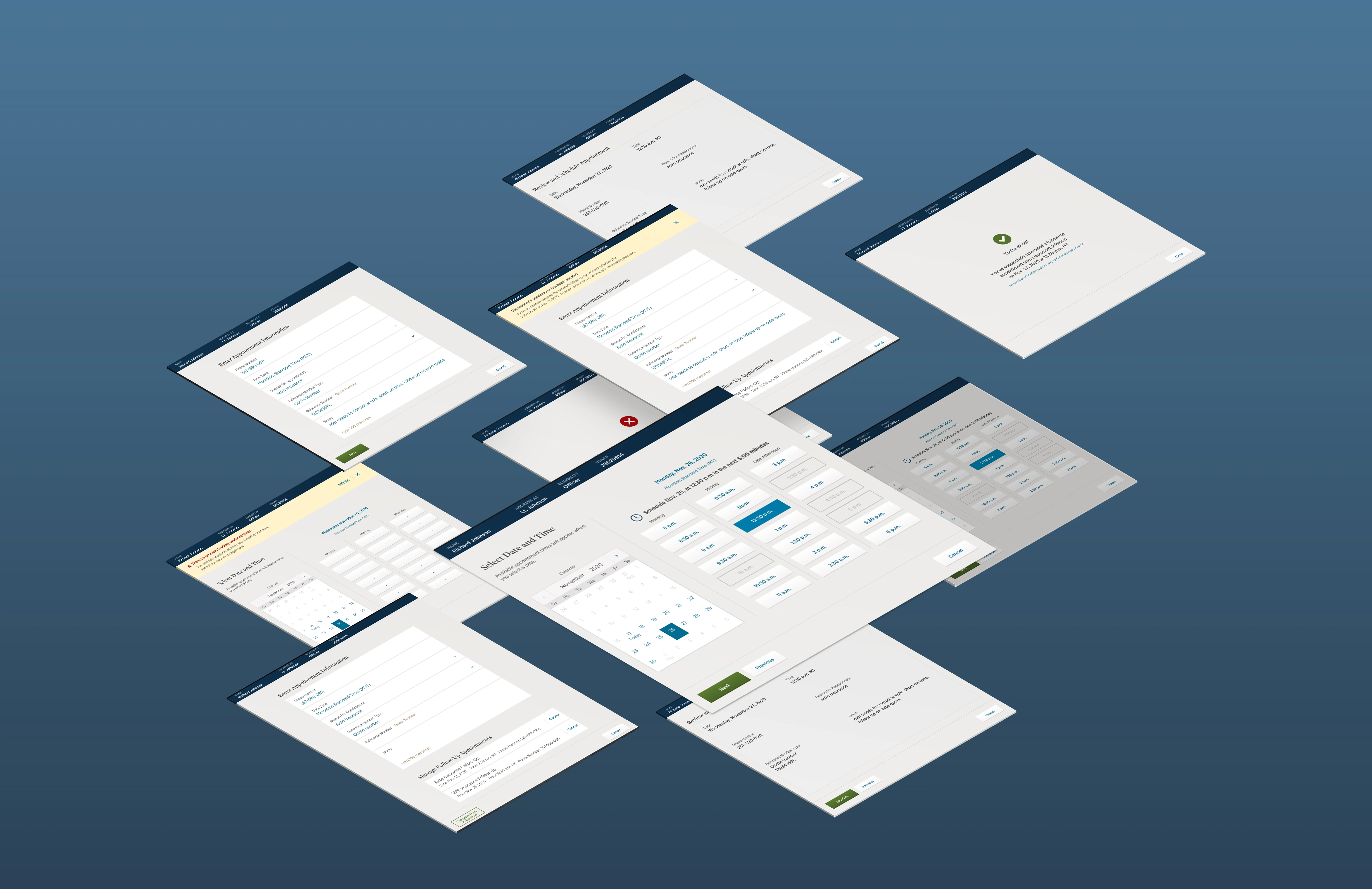 The MVP’s high-fidelity screens in perspective: entering the appointment, choosing a date and time, review, confirmation, and the error and cancellation states