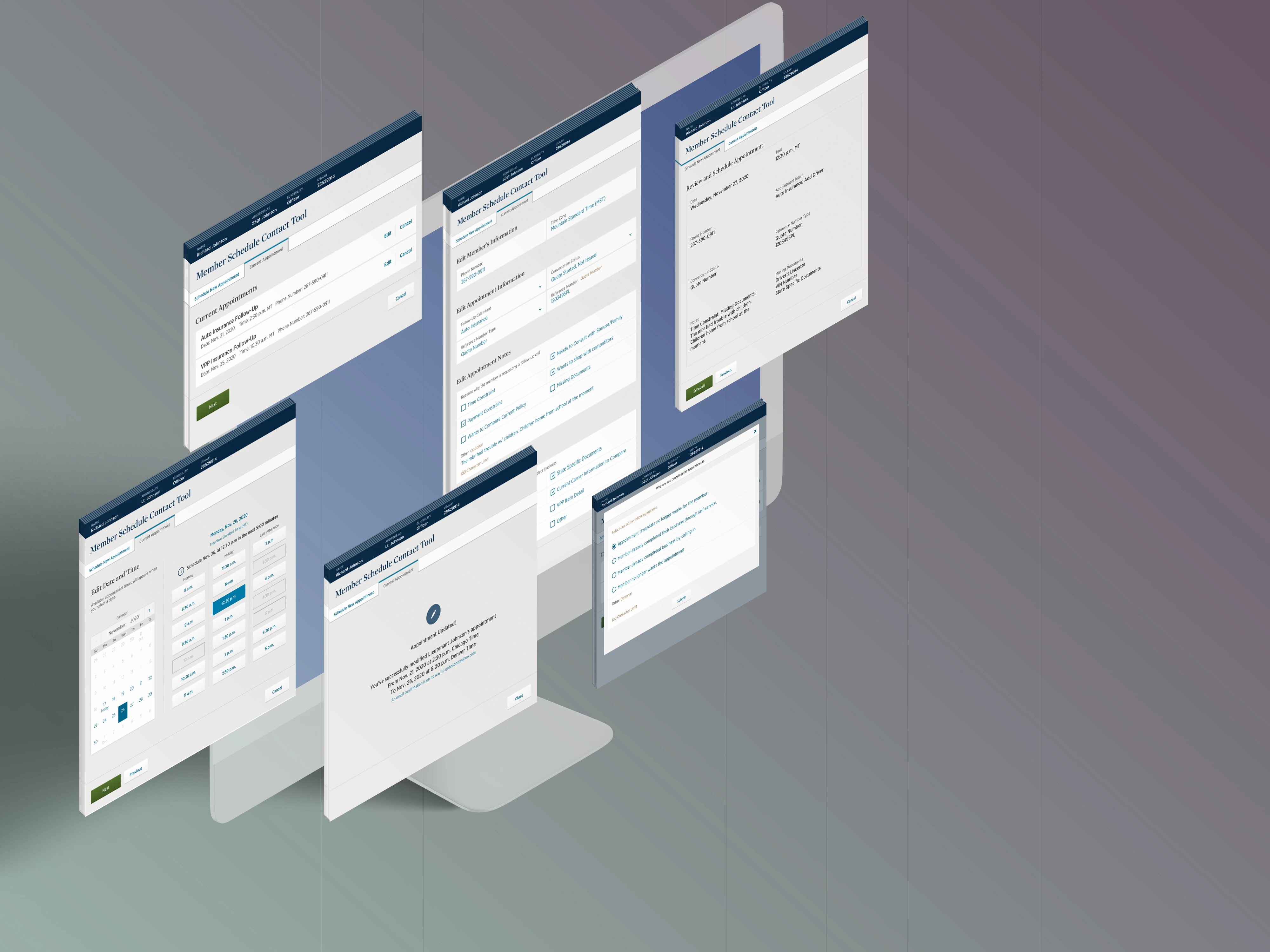 V2’s high-fidelity screens in perspective: current appointments, editing an appointment, review, editing the date and time, the update confirmation and the cancel reasons