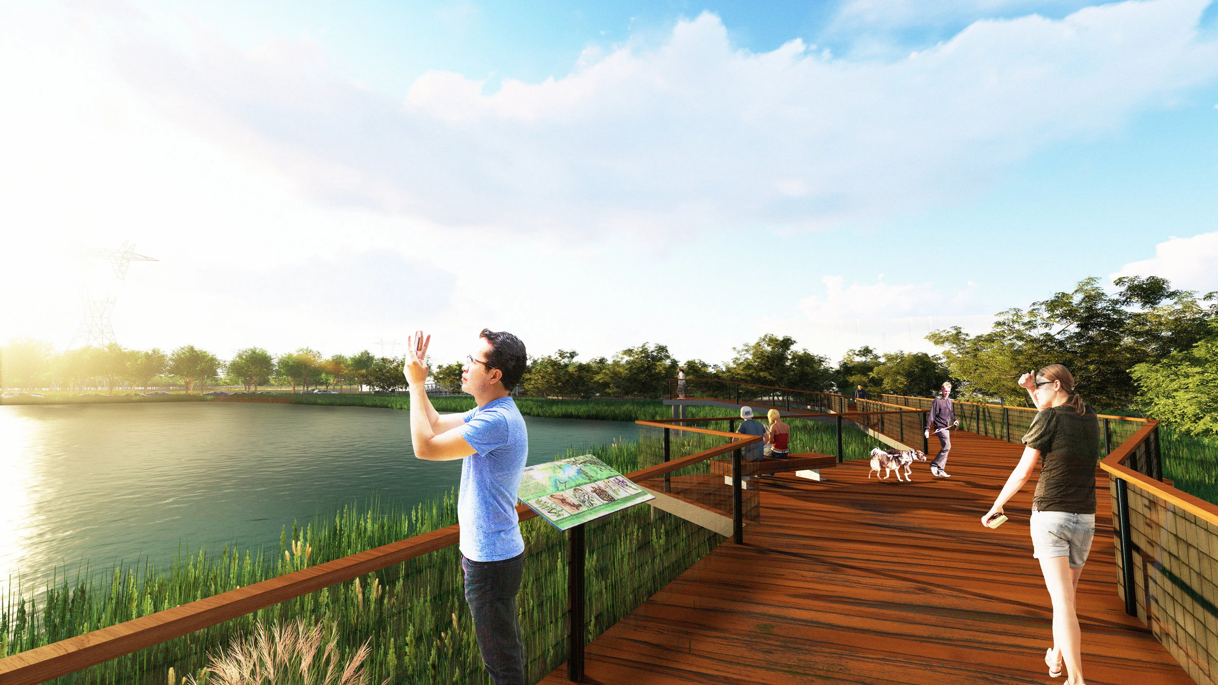 Rendering: people on a timber boardwalk above the reeds at the pond’s edge, an interpretive sign at the rail and a transmission tower beyond