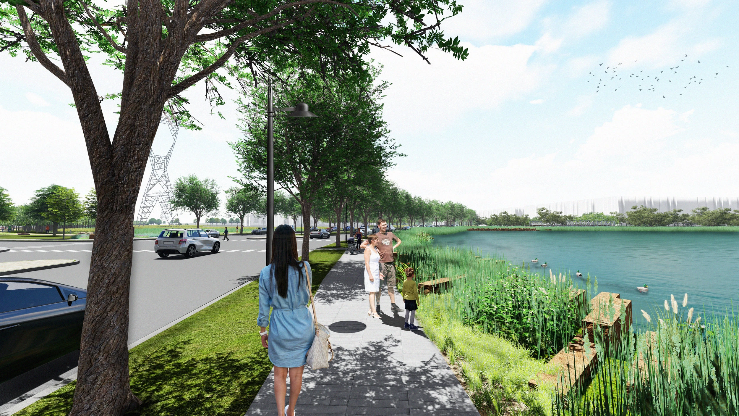 Rendering: a tree-lined sidewalk between Summit Avenue and the pond, with stepping blocks set in the reeds at the water