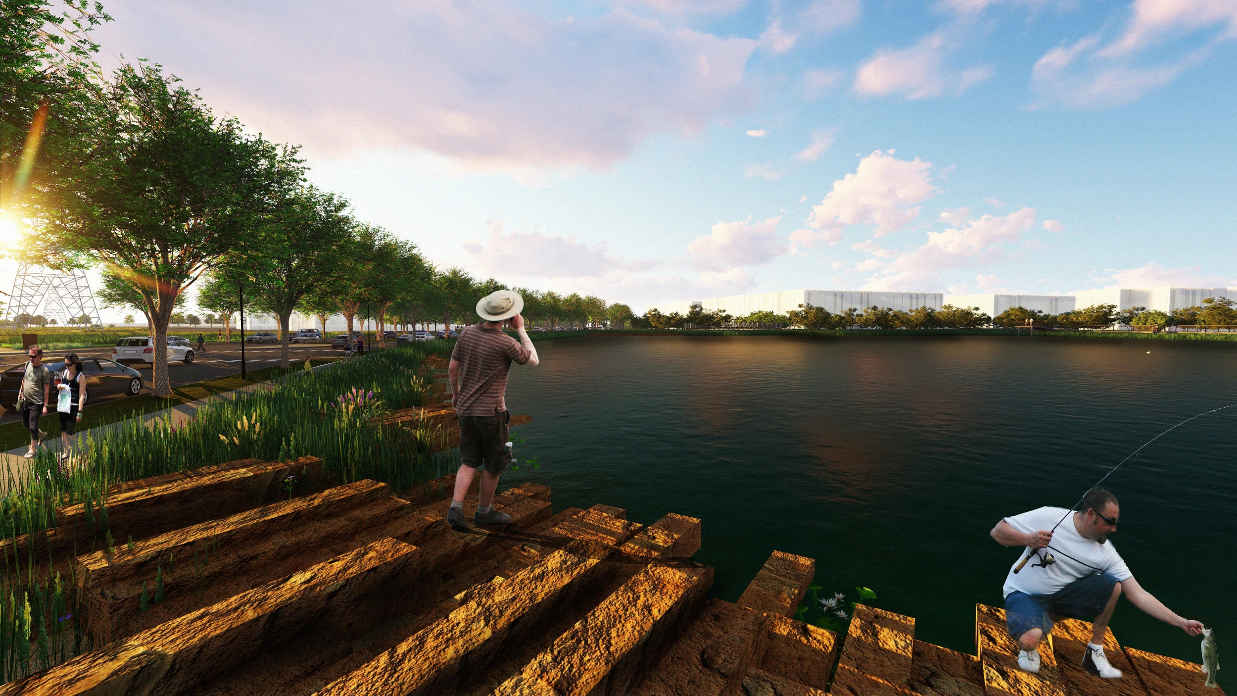 Rendering: stone terraces stepping into the pond beside the avenue, a man fishing from them
