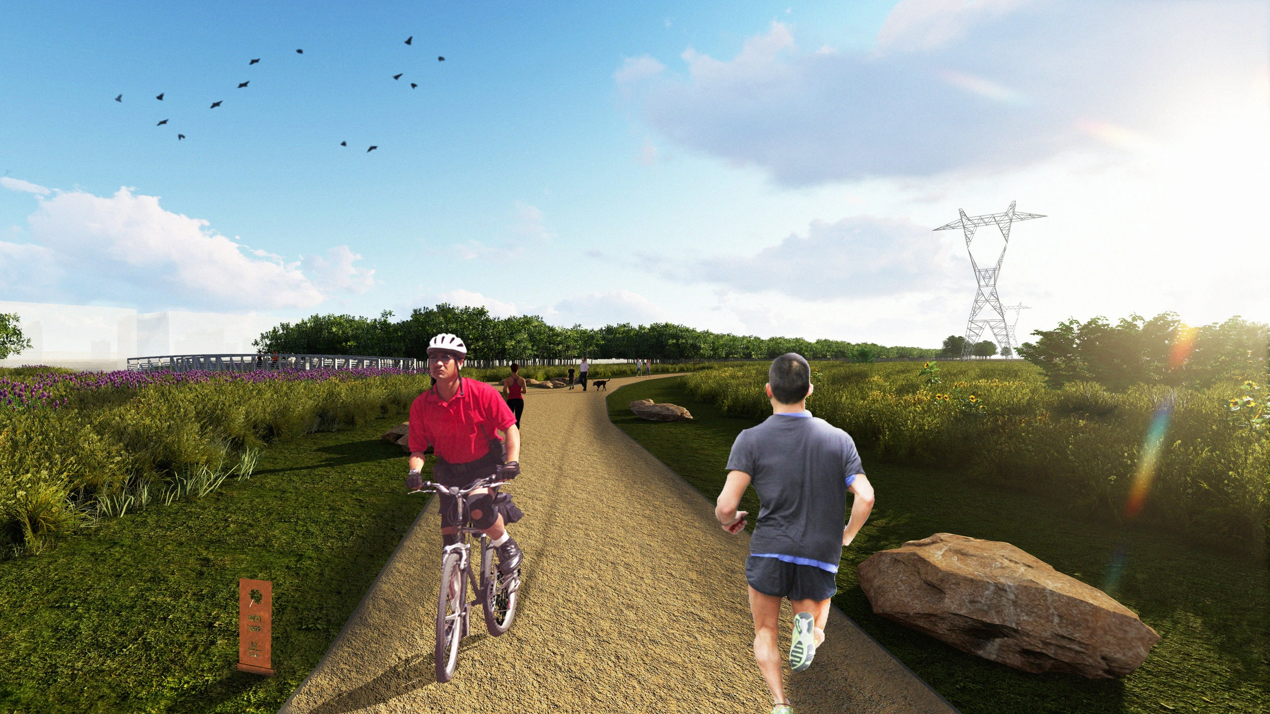 Rendering: a cyclist and a runner on a gravel trail through meadow planting, a transmission tower beyond