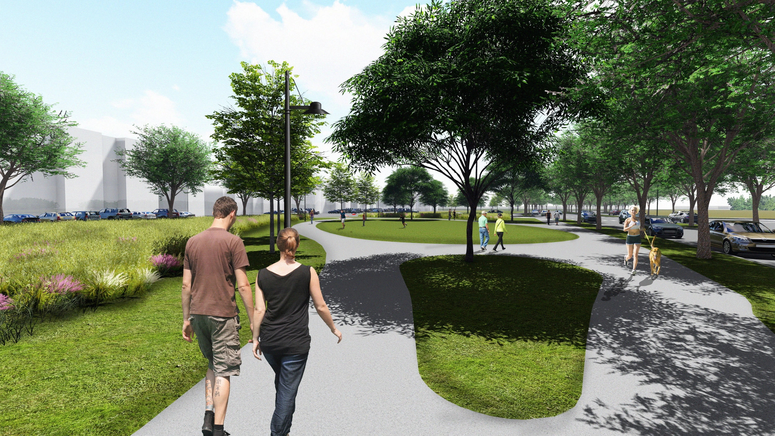 Rendering: a couple on a loop walk around an oval lawn beside the street, with the planned apartment blocks and their parking behind