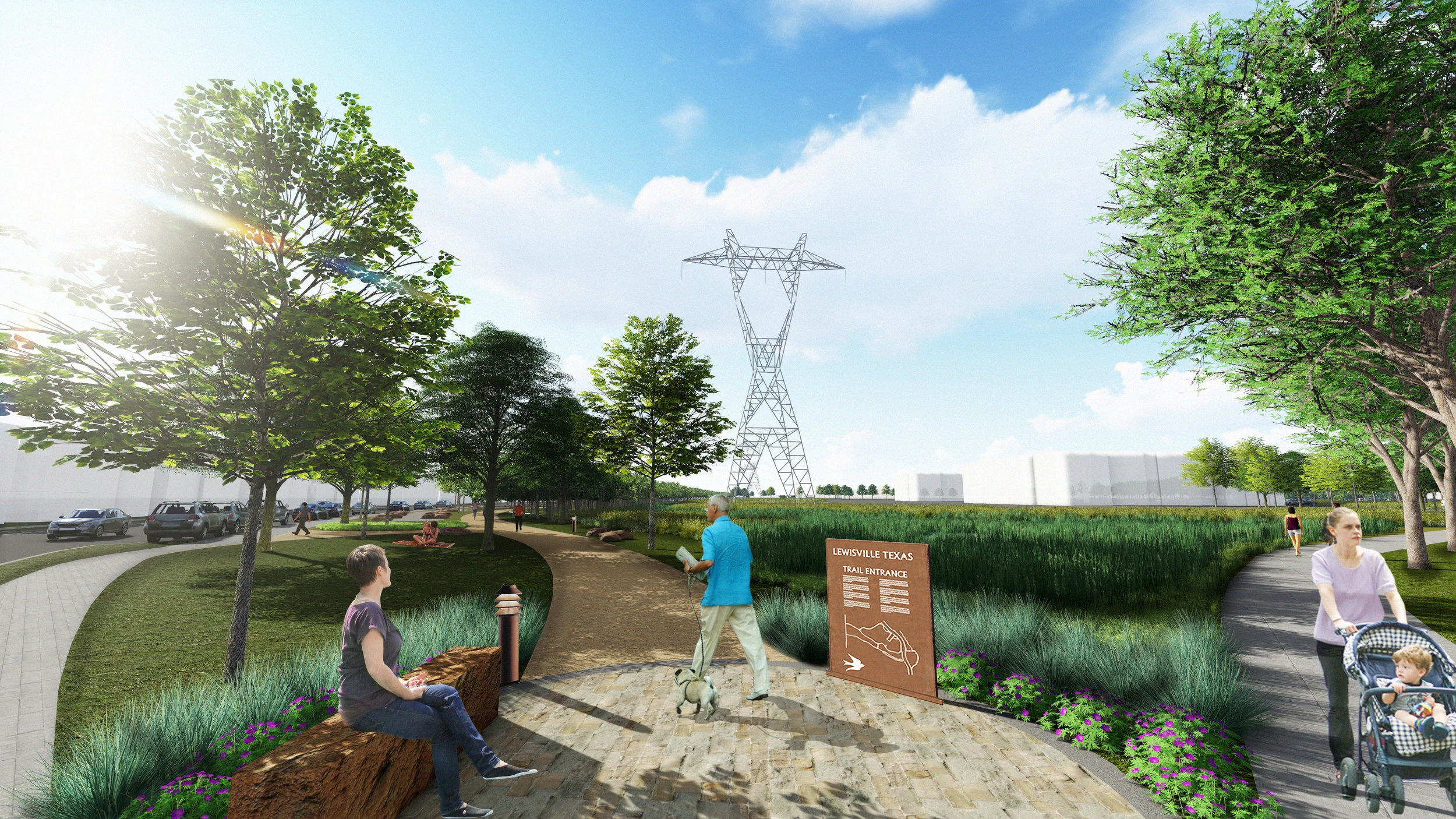 Rendering: a paved trail entrance off the street, with a trail map sign, stone seating and planting, the meadow and a transmission tower beyond