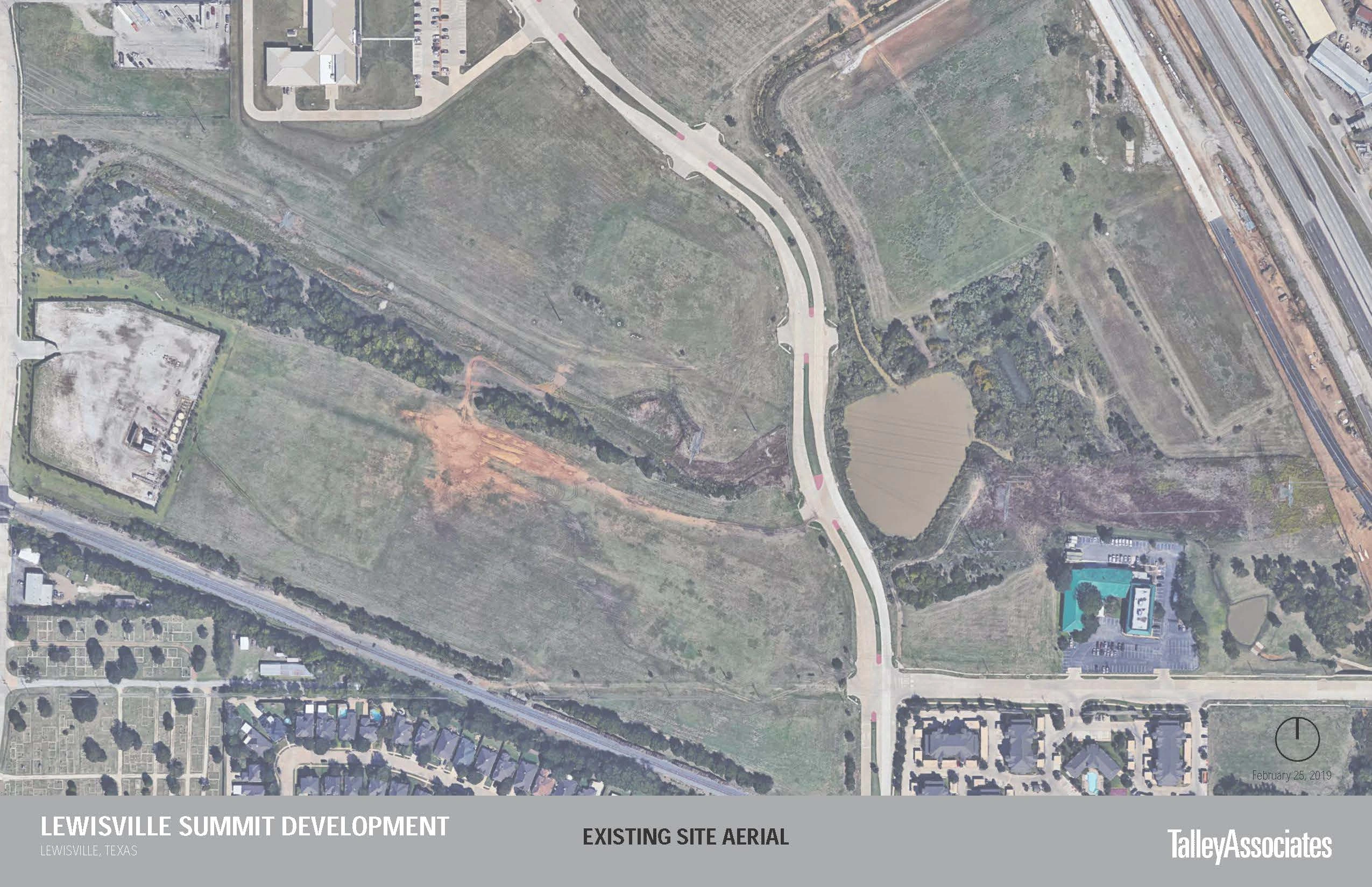 Existing site aerial: open ground and a wooded channel west of Summit Avenue, a pond to the east, a rail line and neighborhoods around them