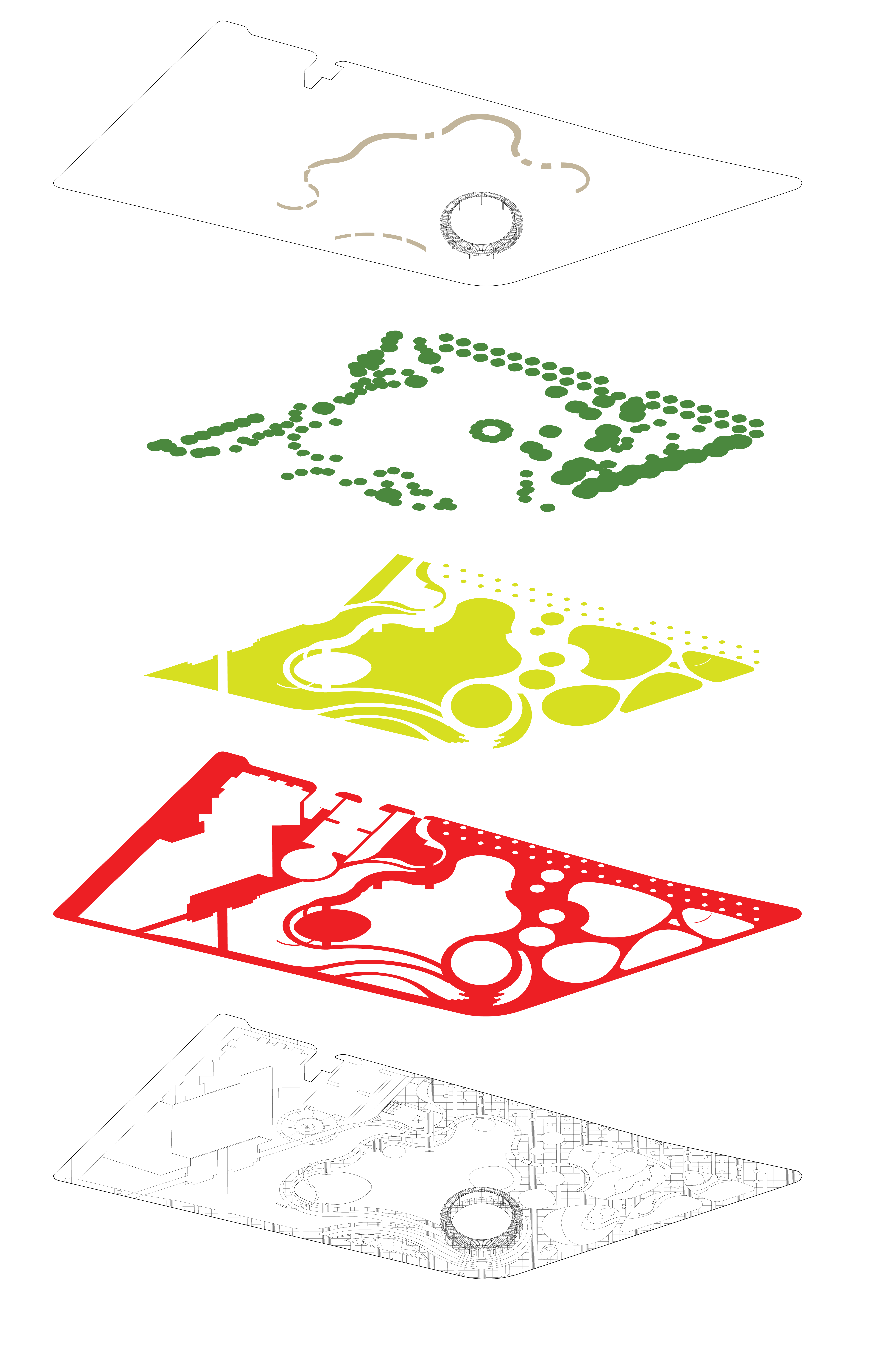 Exploded axonometric of Pacific Plaza in five layers: architectural elements, tree canopy in dark green, softscape in yellow-green, hardscape in red, and the composed plan at the bottom