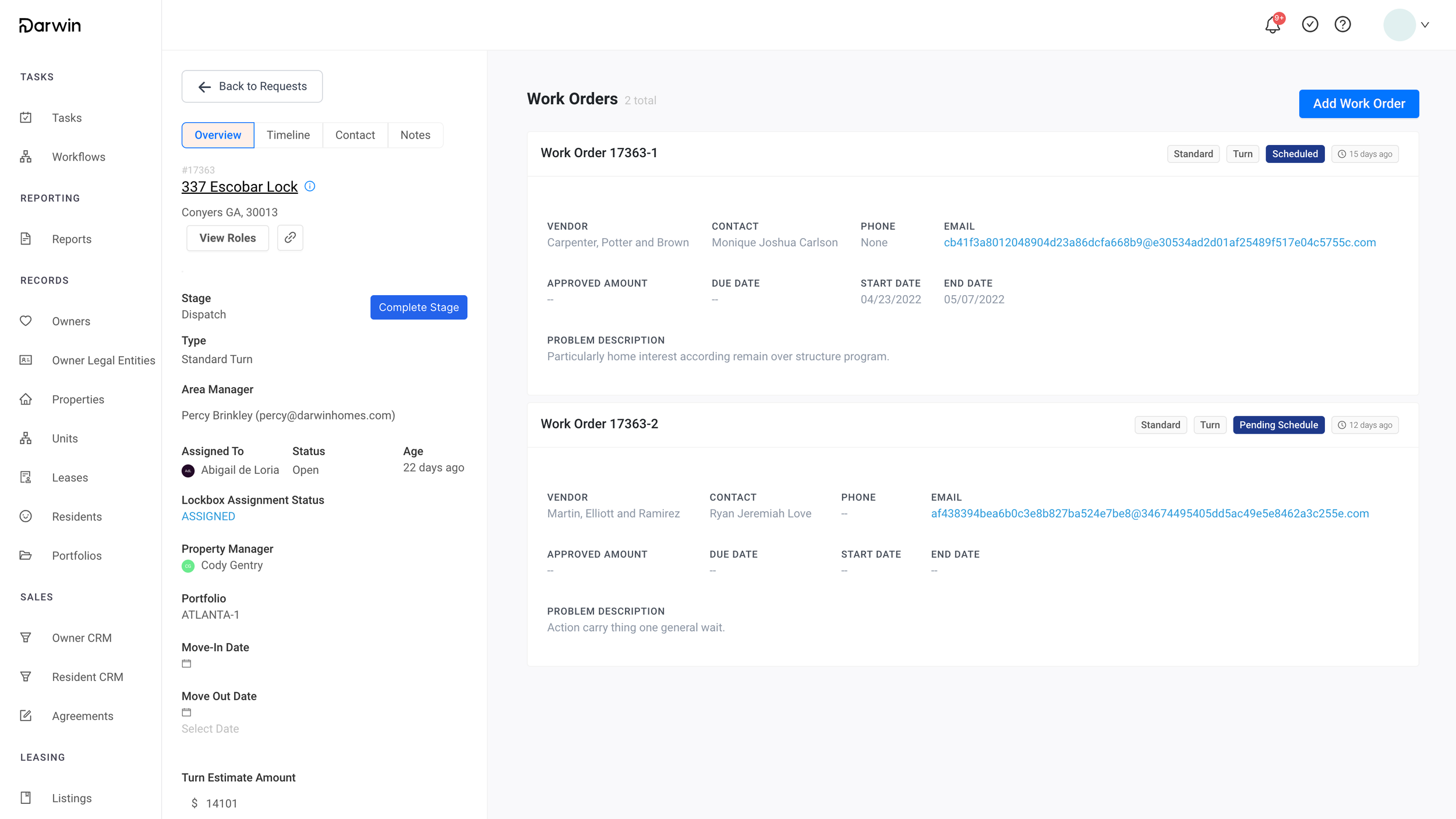 Darwin’s Origin platform: a Turn request with its two work orders