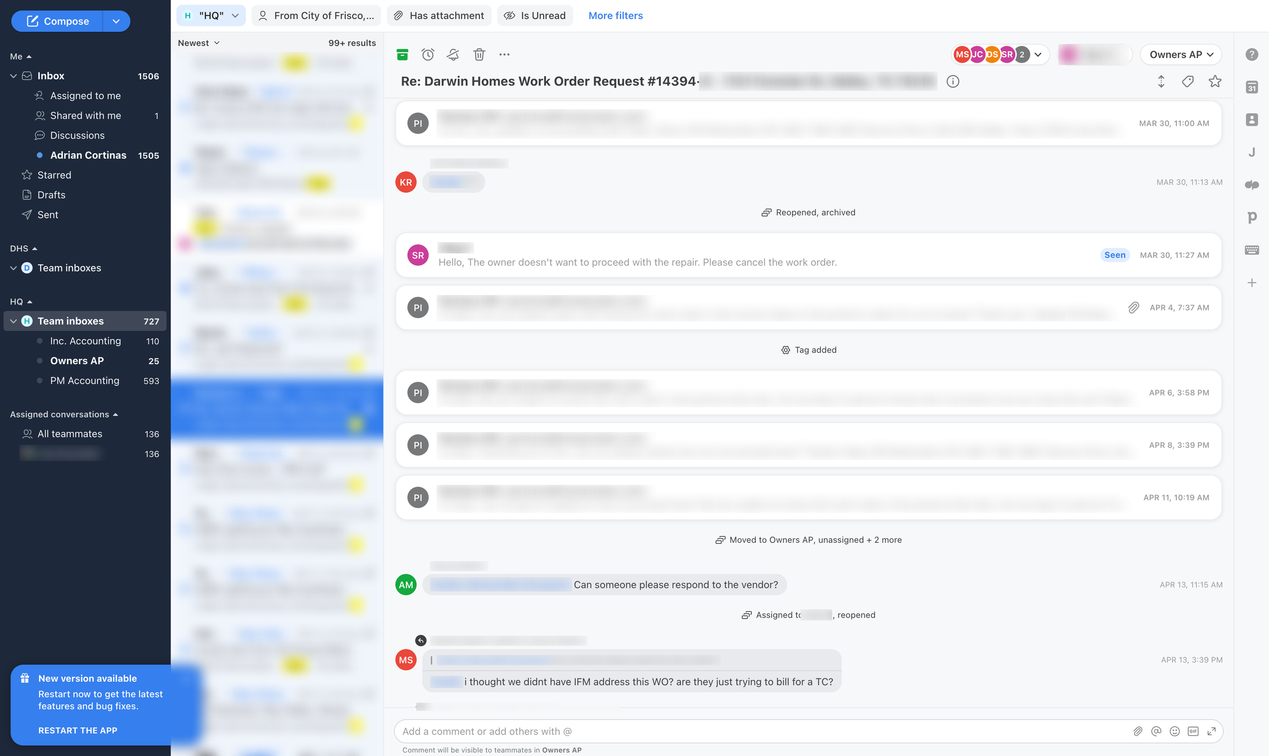 Front: a work order’s email thread with a vendor in the shared inbox