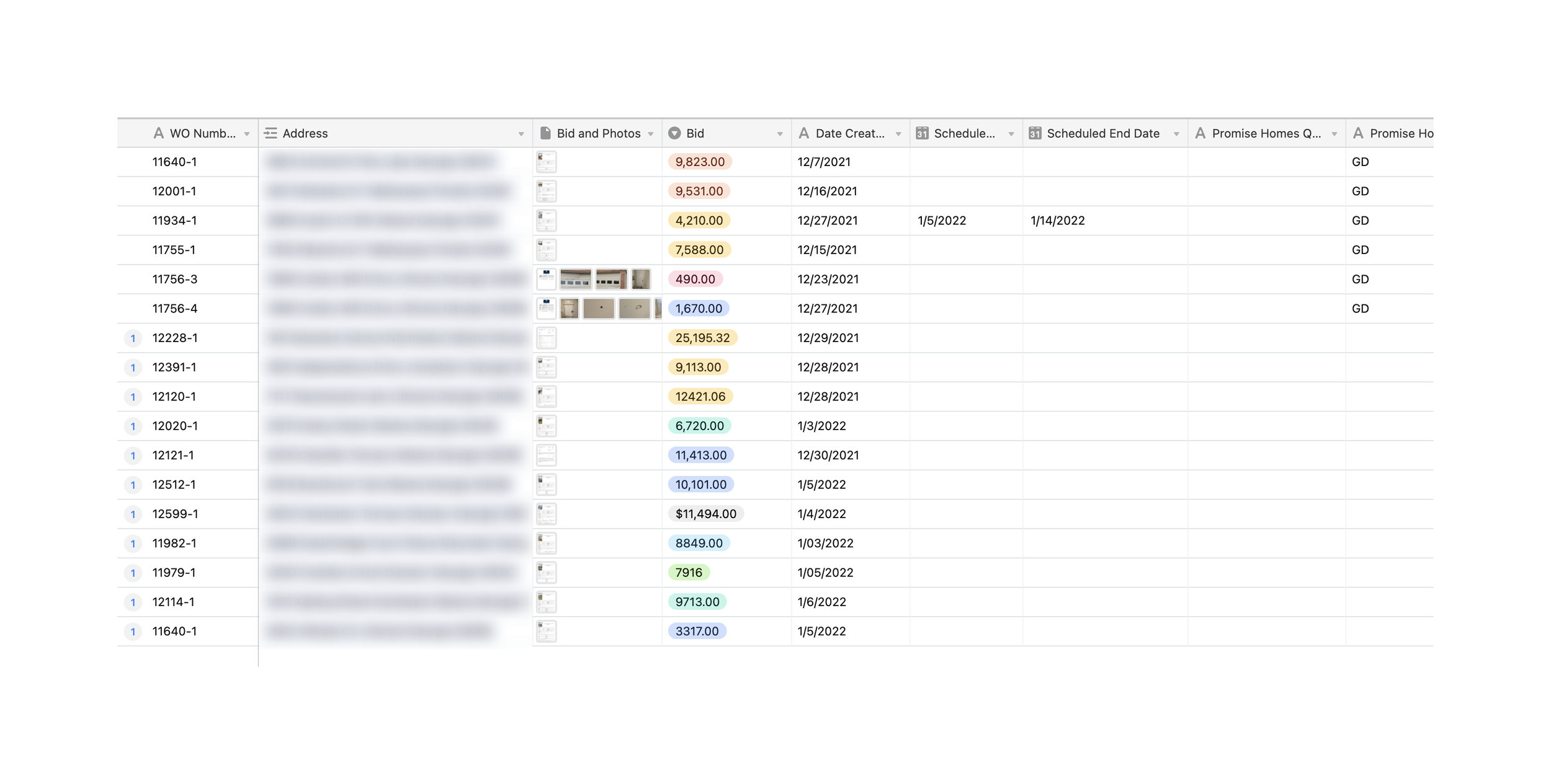 Airtable: work orders with bids and dates for investor approval