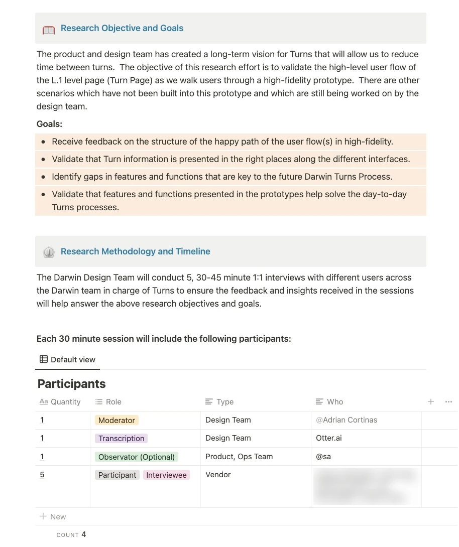 The research plan: objective and goals, methodology and timeline, and participants