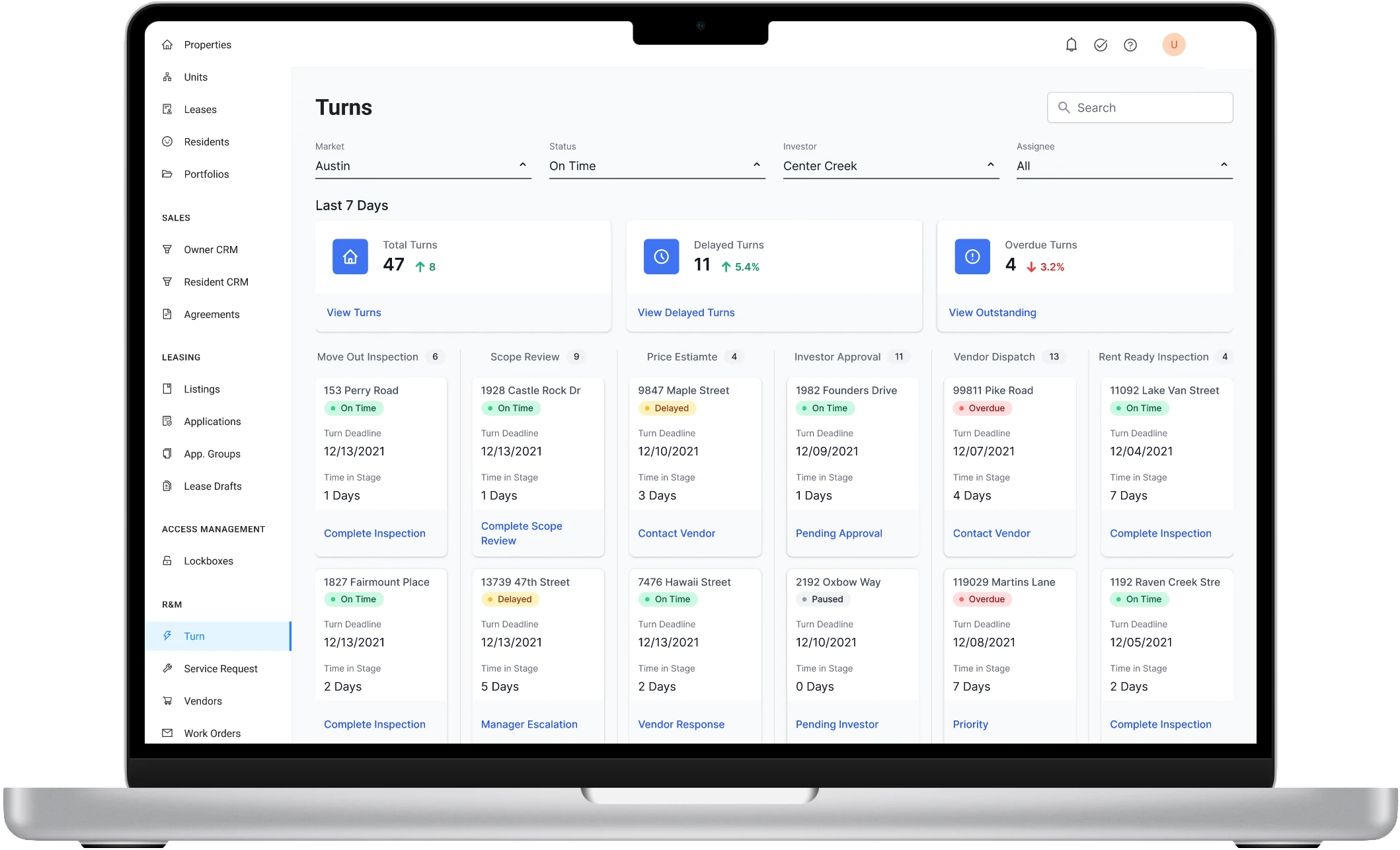 Turnkey on a laptop: the Turns overview, every open Turn by stage with its deadline and status