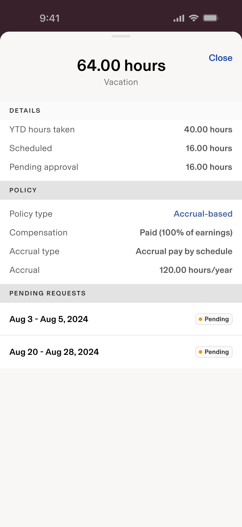 Updated Time Off mobile UX screen 2