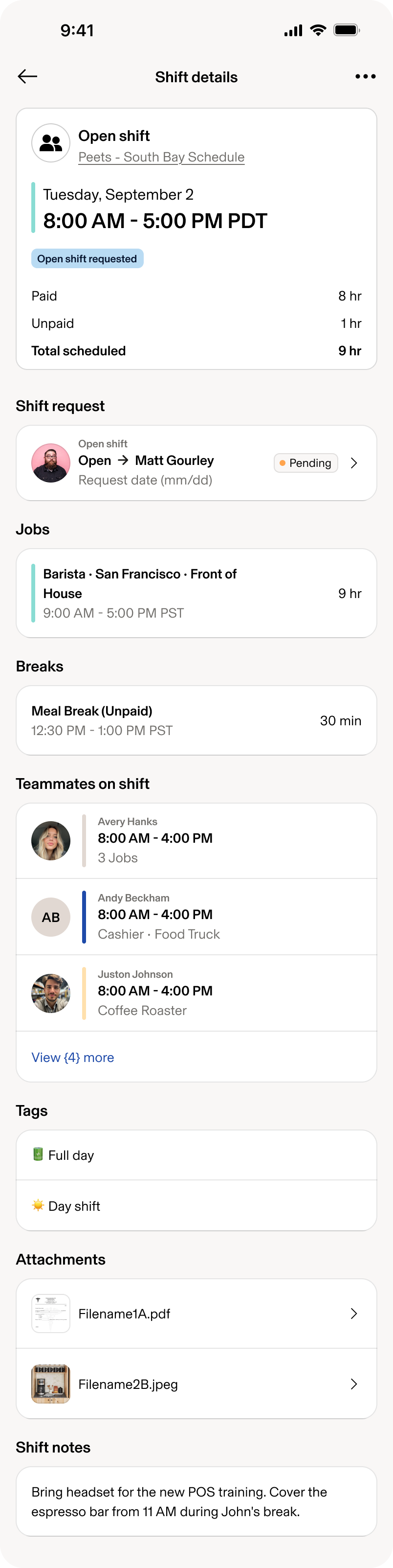 Shift Details, open shift requested