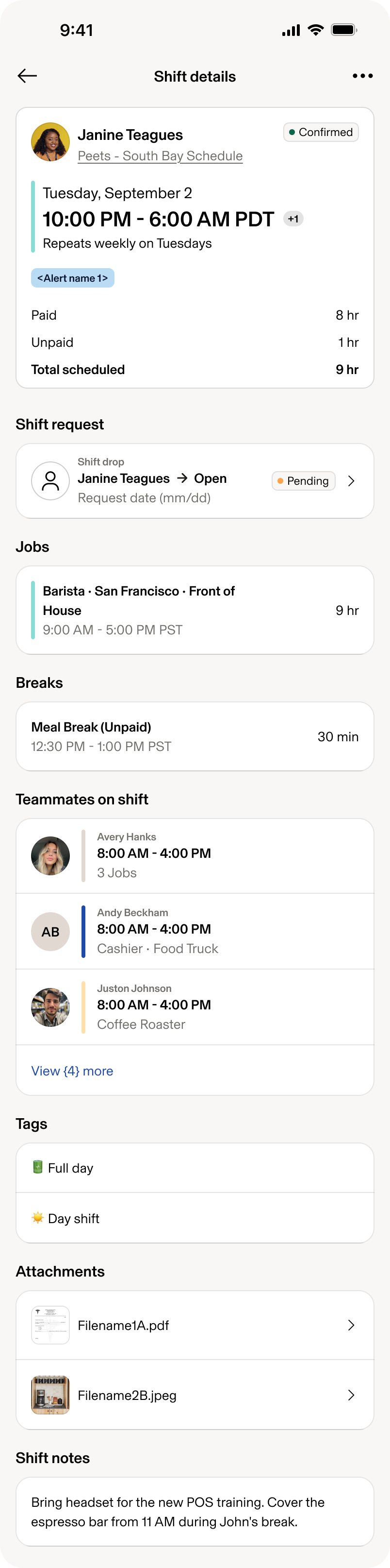 Shift Details, overnight and repeating