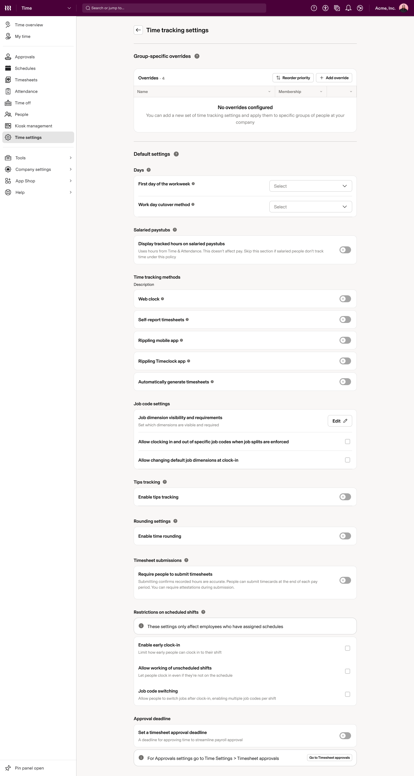 Time tracking settings, Core, empty