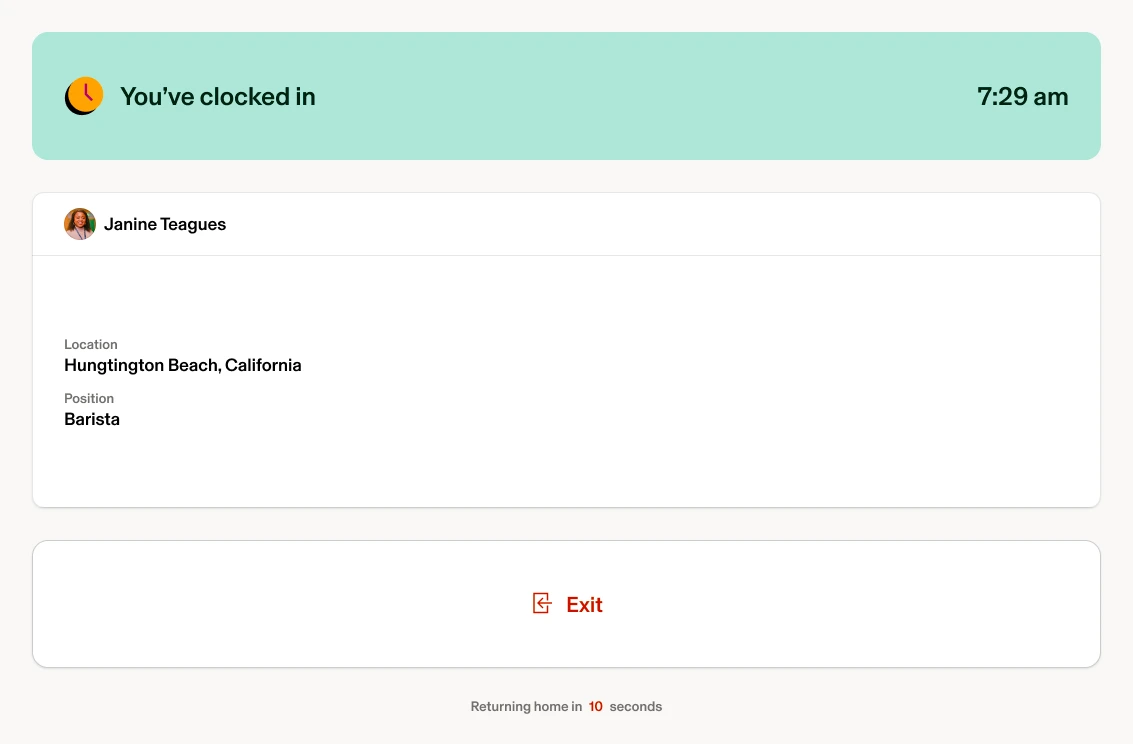 Timeclock Clock in — right state