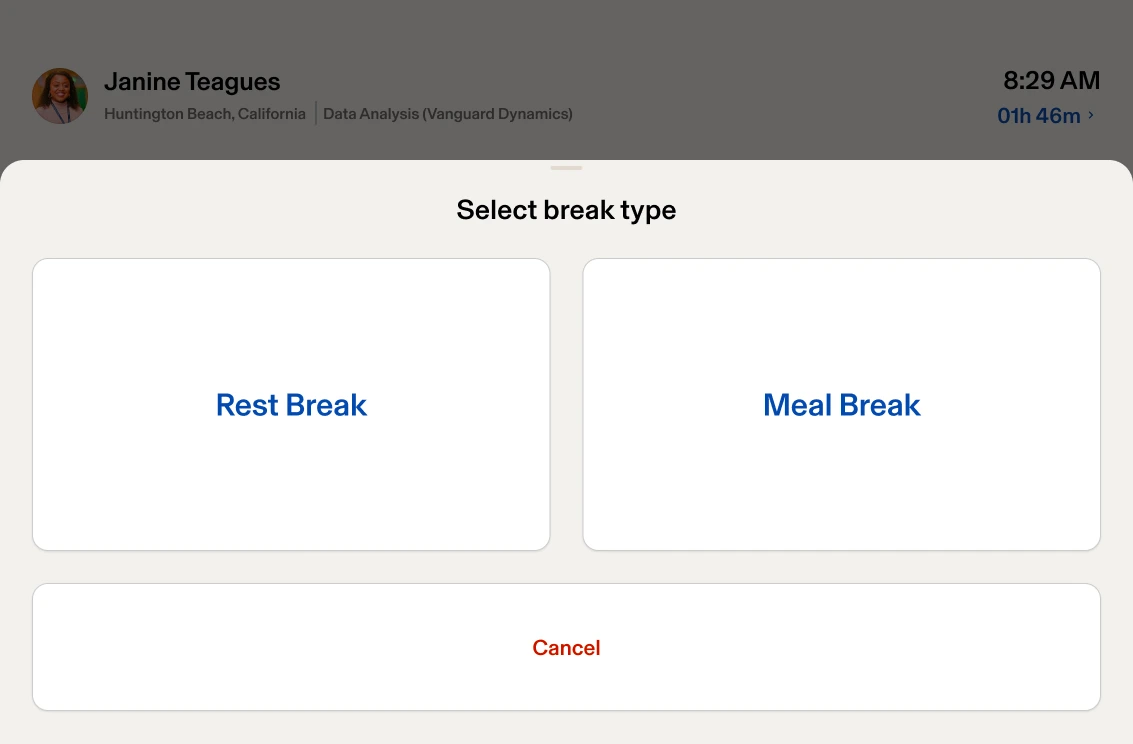 Timeclock Taking a break — right state