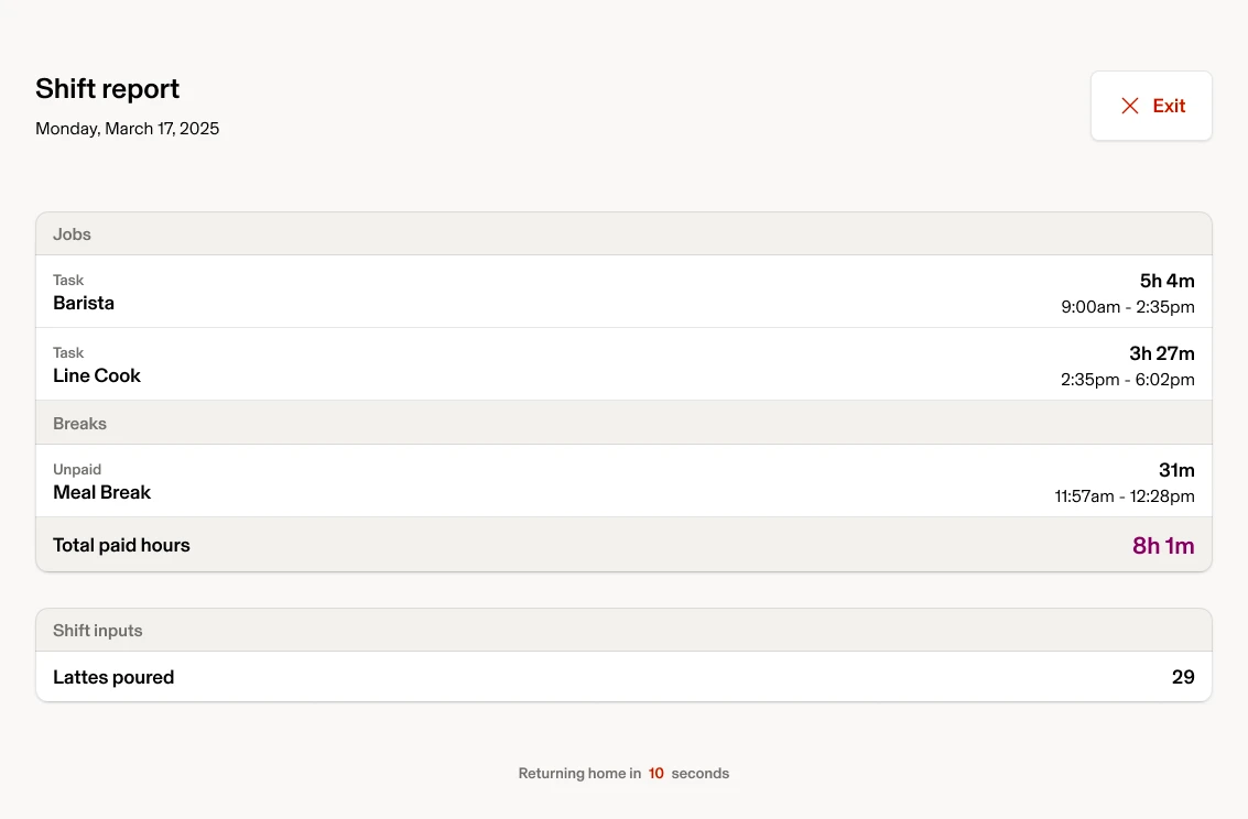 Timeclock View my shift report — right state