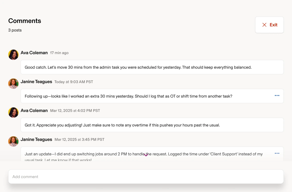 Timeclock View timesheet comments — right state