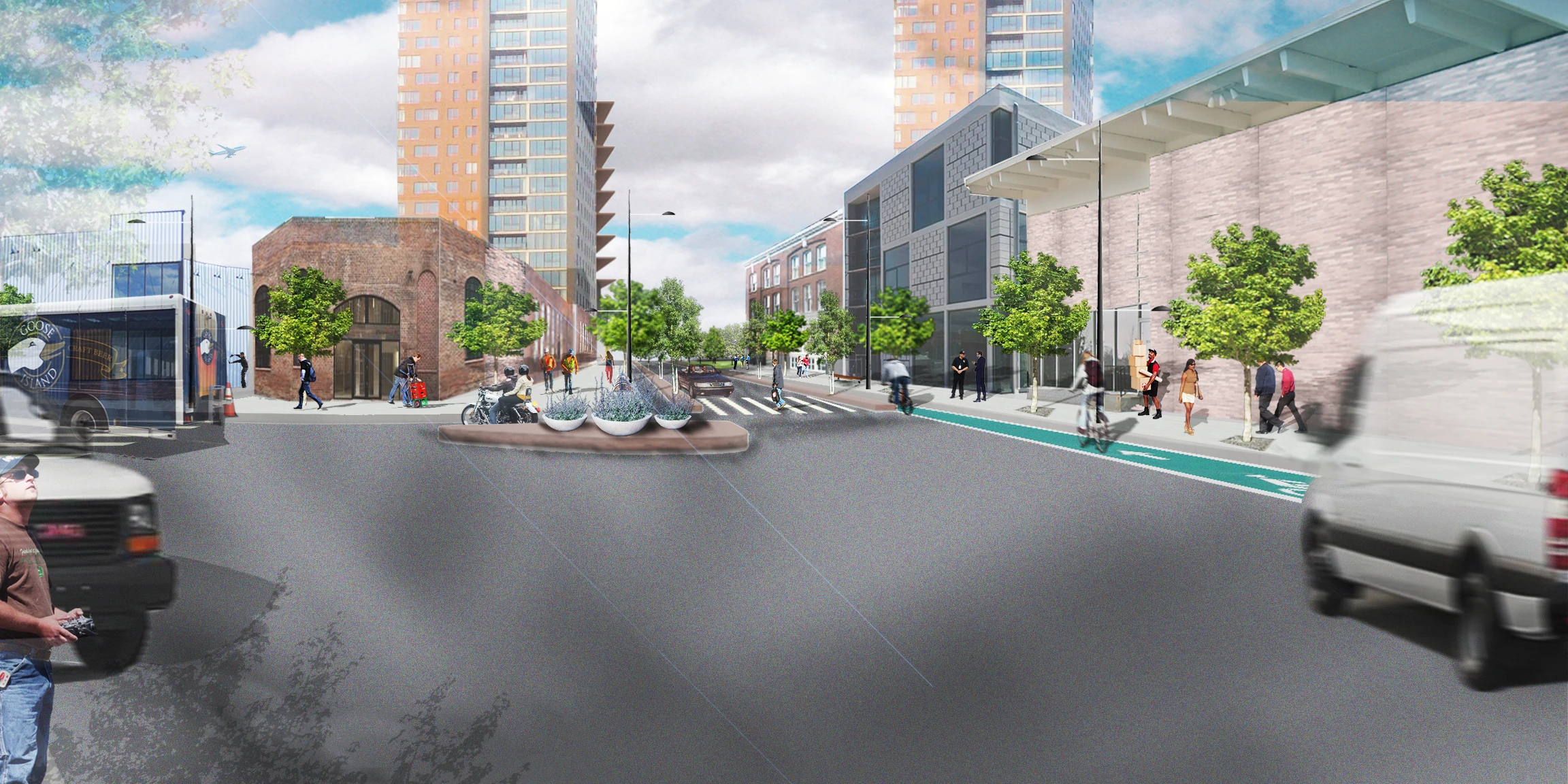 Perspective of a street in the Planned Manufacturing District: a bike lane, street trees, a brick warehouse and new towers behind
