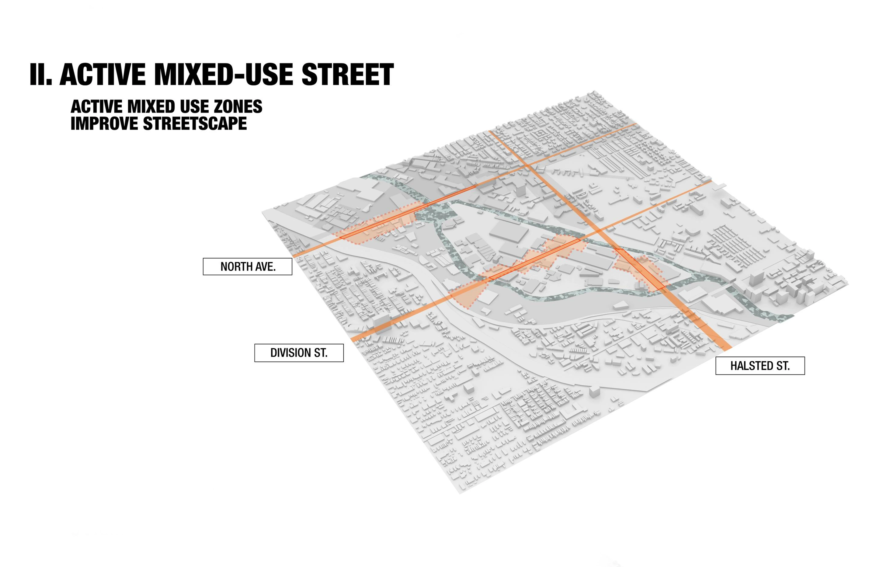 Axonometric diagram II, Active mixed-use street: mixed-use zones where North Avenue, Division Street and Halsted Street meet the island