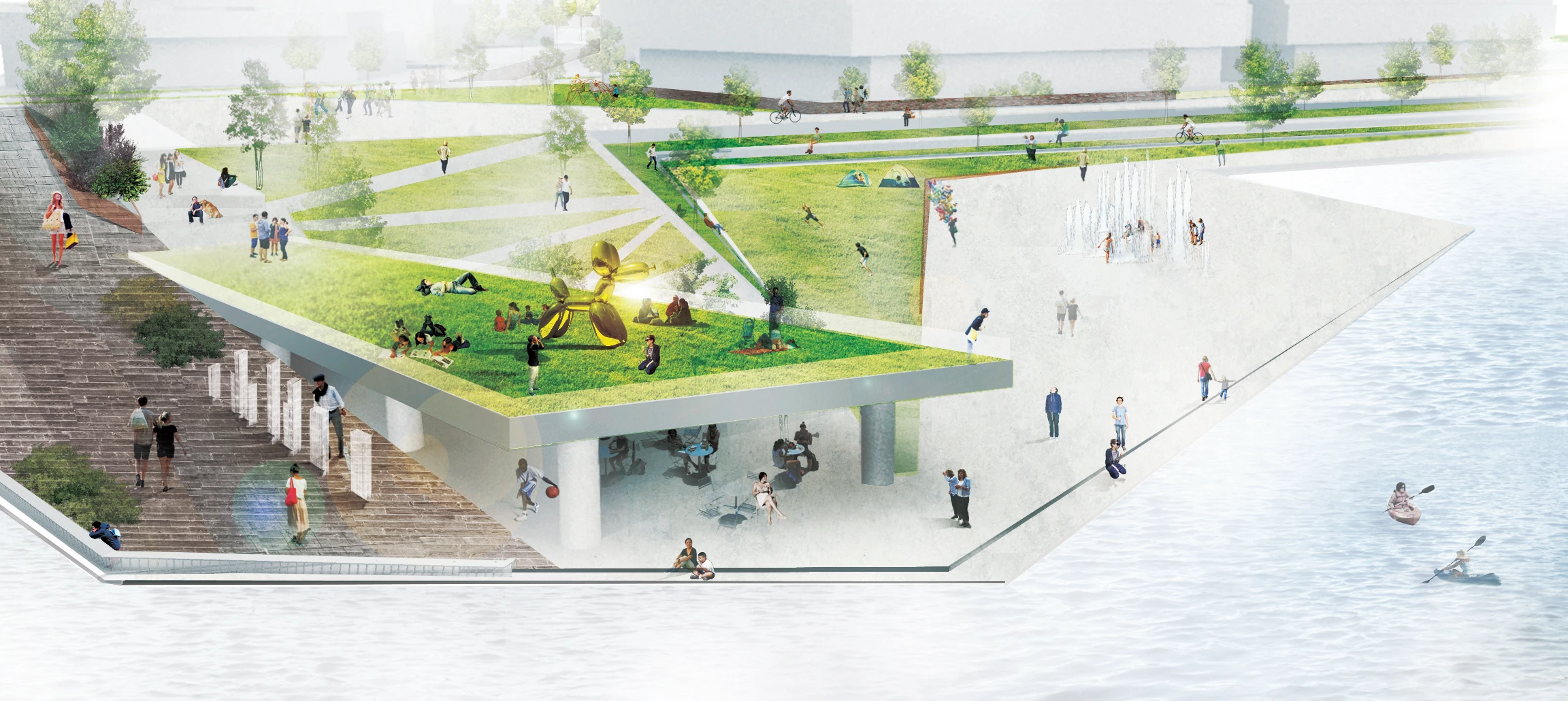 Perspective of Goose Point Park: a lawn on a raised deck over a sheltered gathering space, with steps down to the riverfront