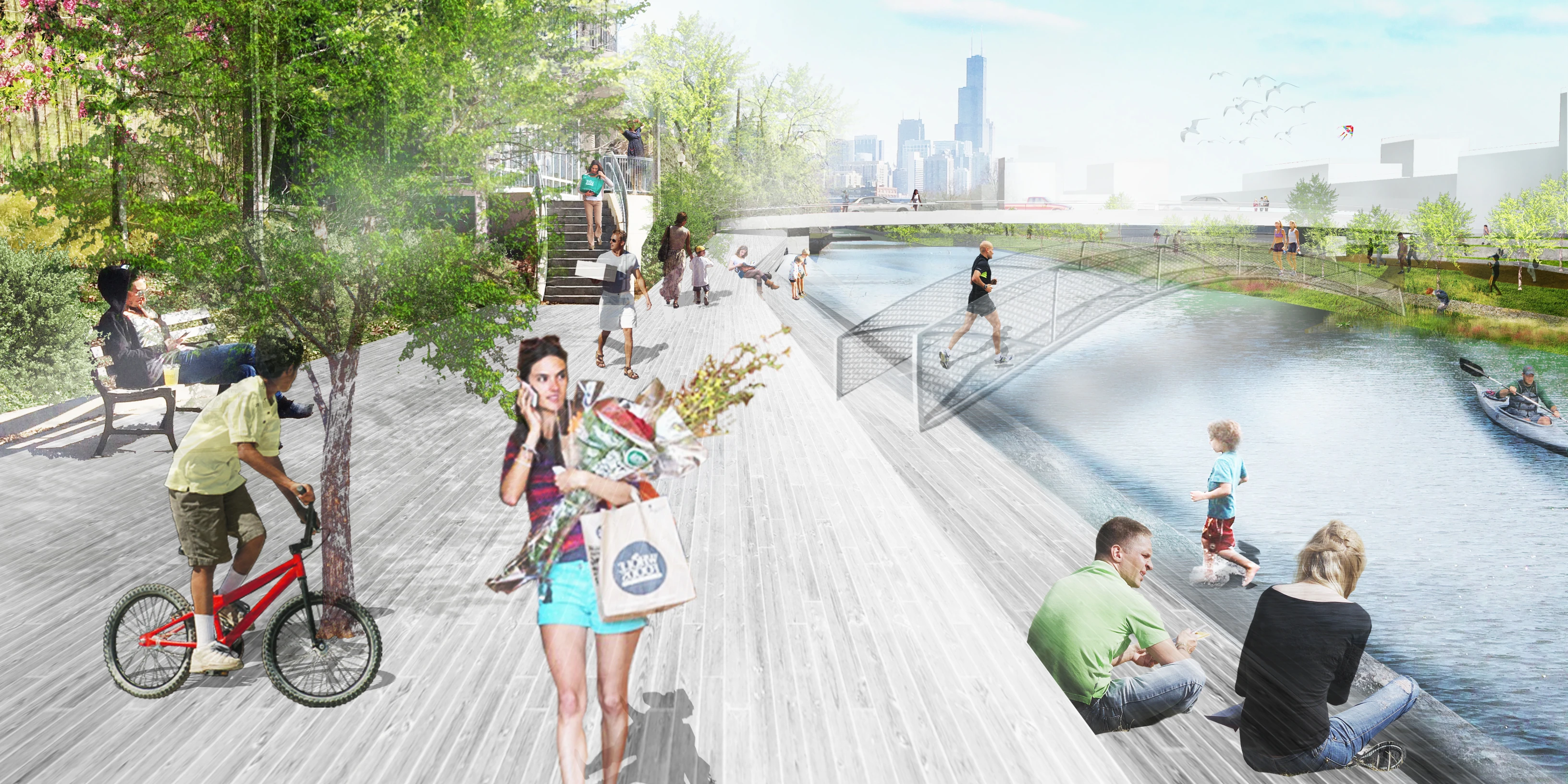 Perspective of the riverwalk: a timber deck with people at the water’s edge, a new pedestrian bridge and the Loop skyline beyond