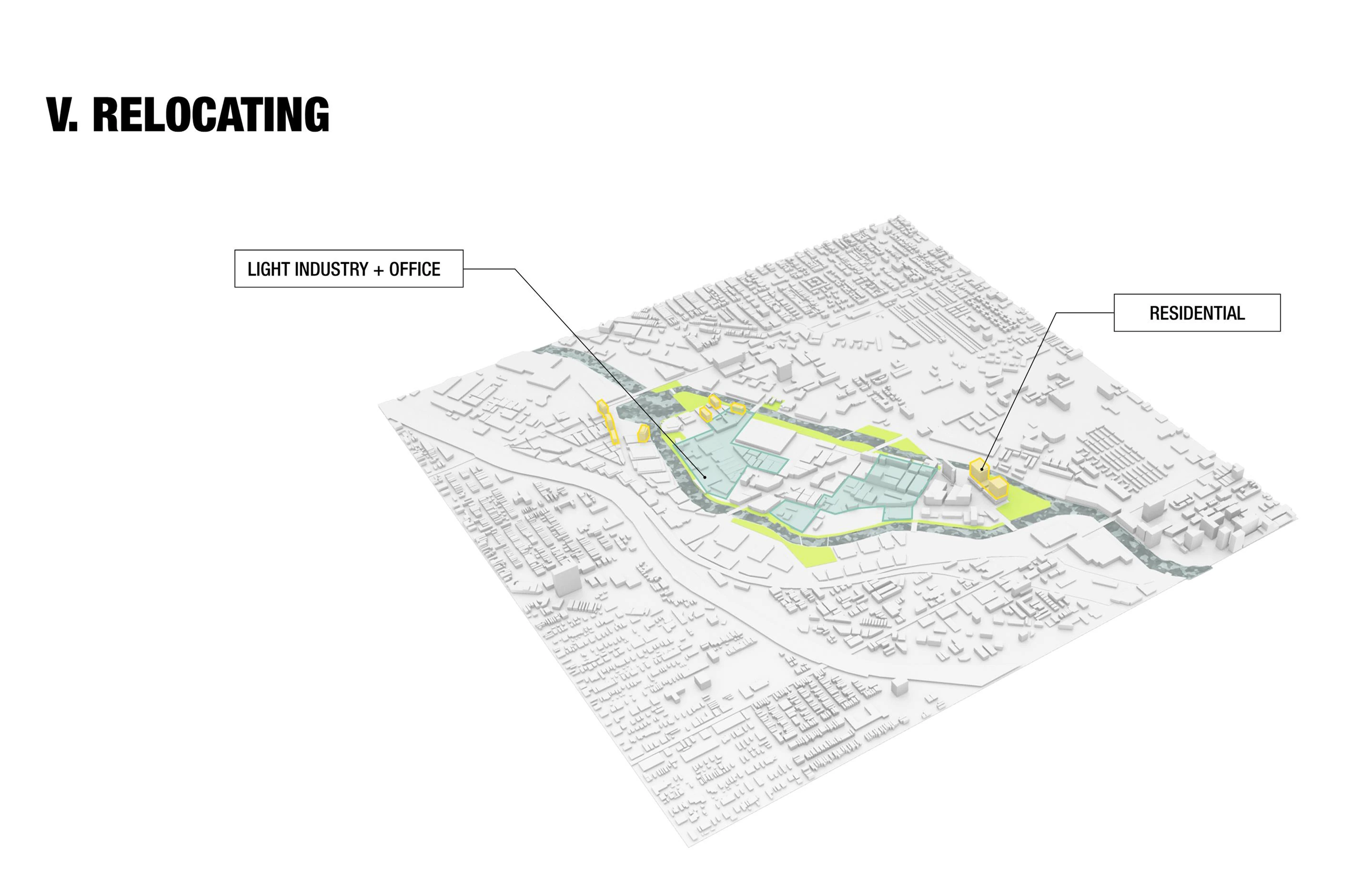 Axonometric diagram V, Relocating: light industry and office across the middle of the island, residential near the parks