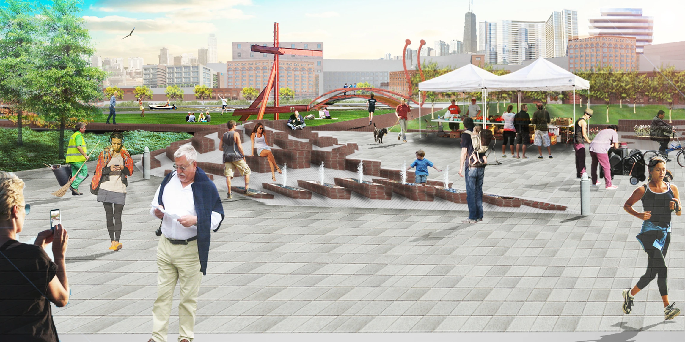 Perspective of Gateway Square: a paved plaza with fountains and seating steps, a market under tents, new housing and the skyline beyond